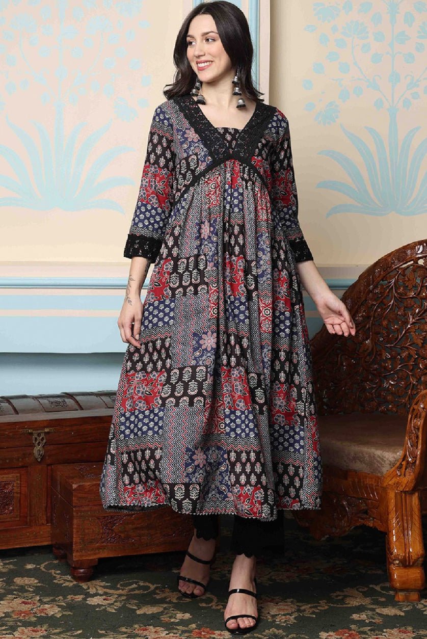 Black Floral Printed Kurta with Trousers – Pure Cotton A - Line Empire Style Kurta Set - aromie