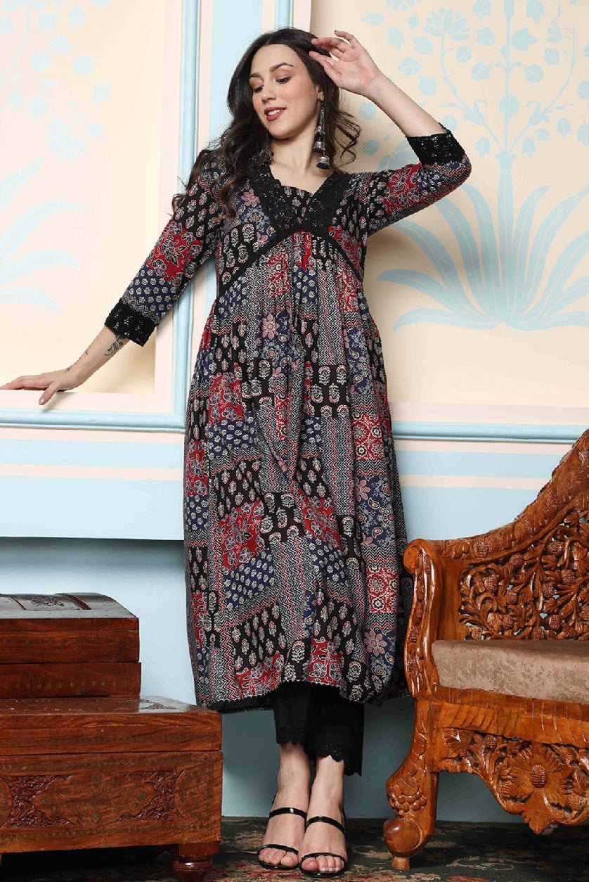 Black Floral Printed Kurta with Trousers – Pure Cotton A - Line Empire Style Kurta Set - aromie