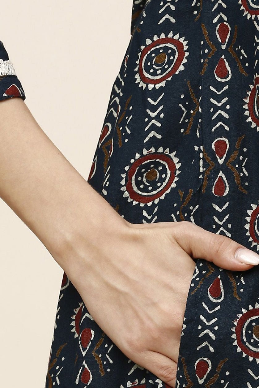 Black Floral Printed Kurta with Trousers – Pure Cotton A - Line Empire Style Kurta Set - aromie