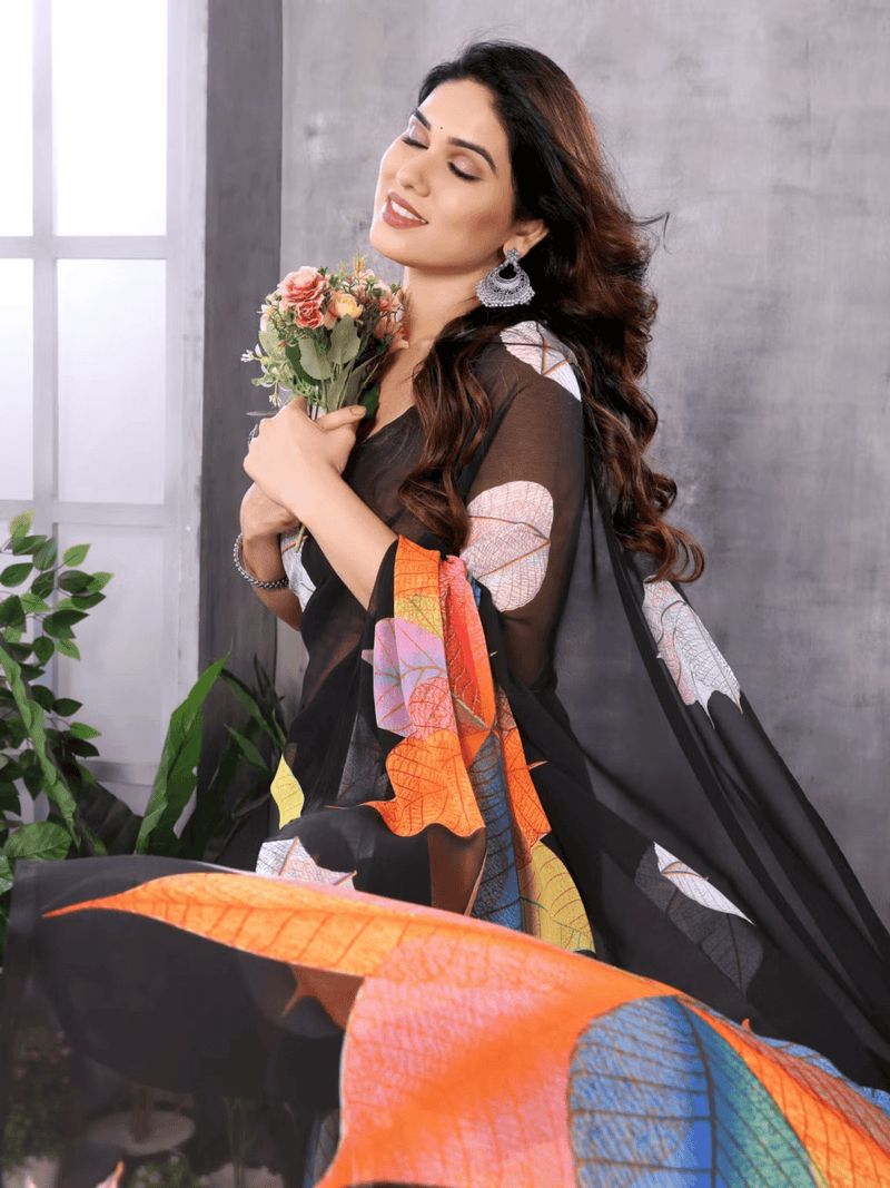 Black Georgette Printed Saree with Tassels | Casual Saree with Unstitched Blouse Canada - aromie