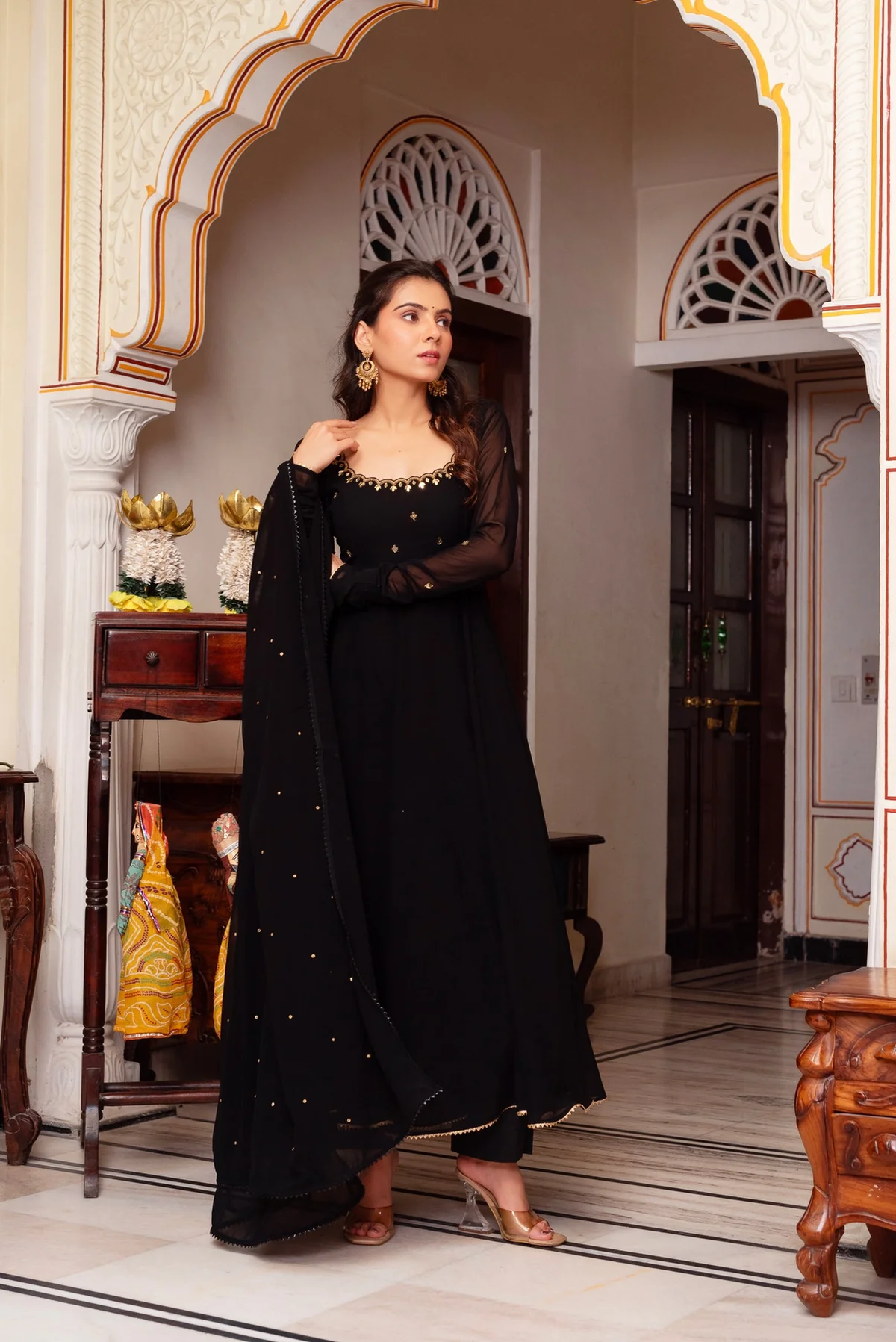 Elegant black hand work anarkali suit in chiffon with detailed front view, perfect for weddings and festive occasions