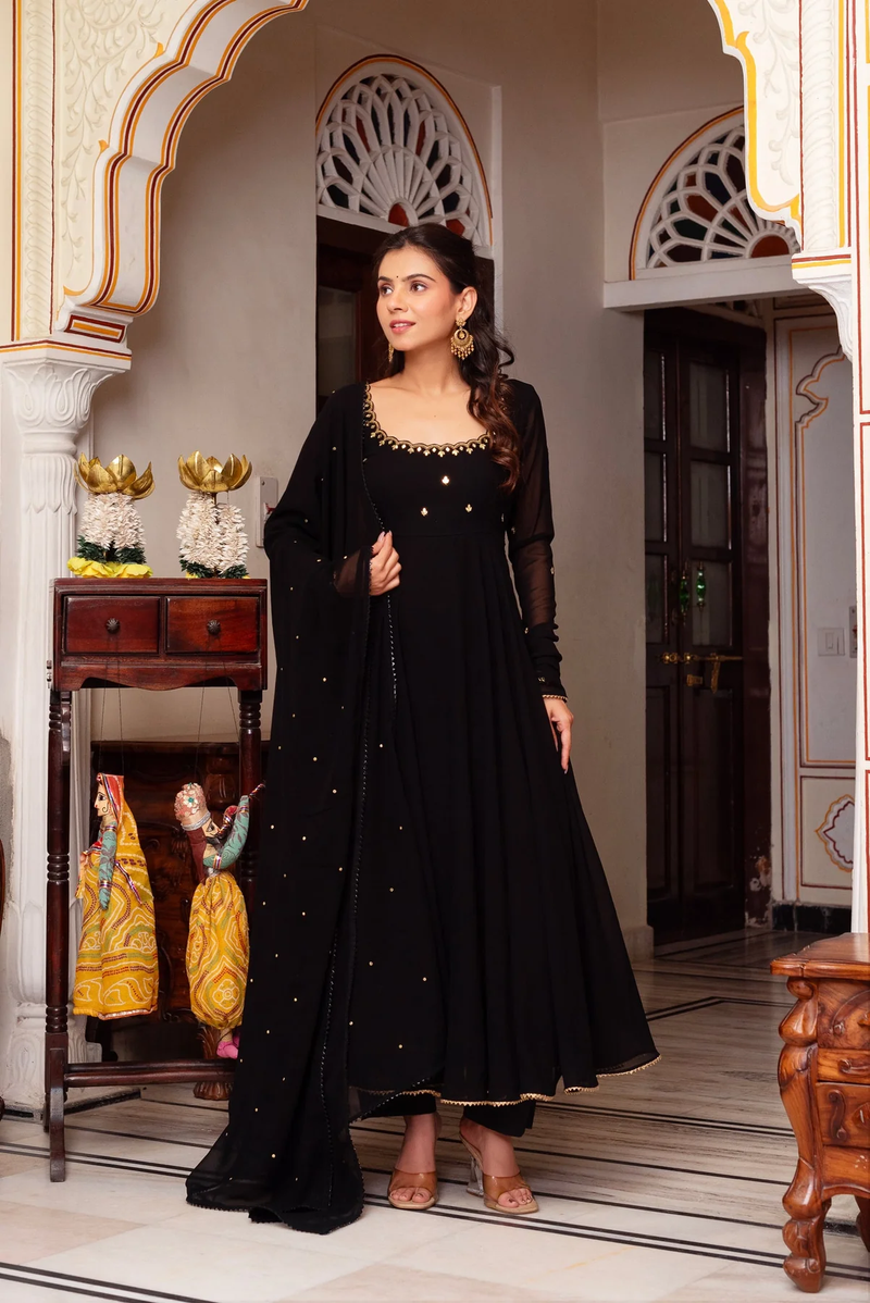 Elegant black hand work anarkali suit with detailed embroidery, ideal for festive occasions and weddings.