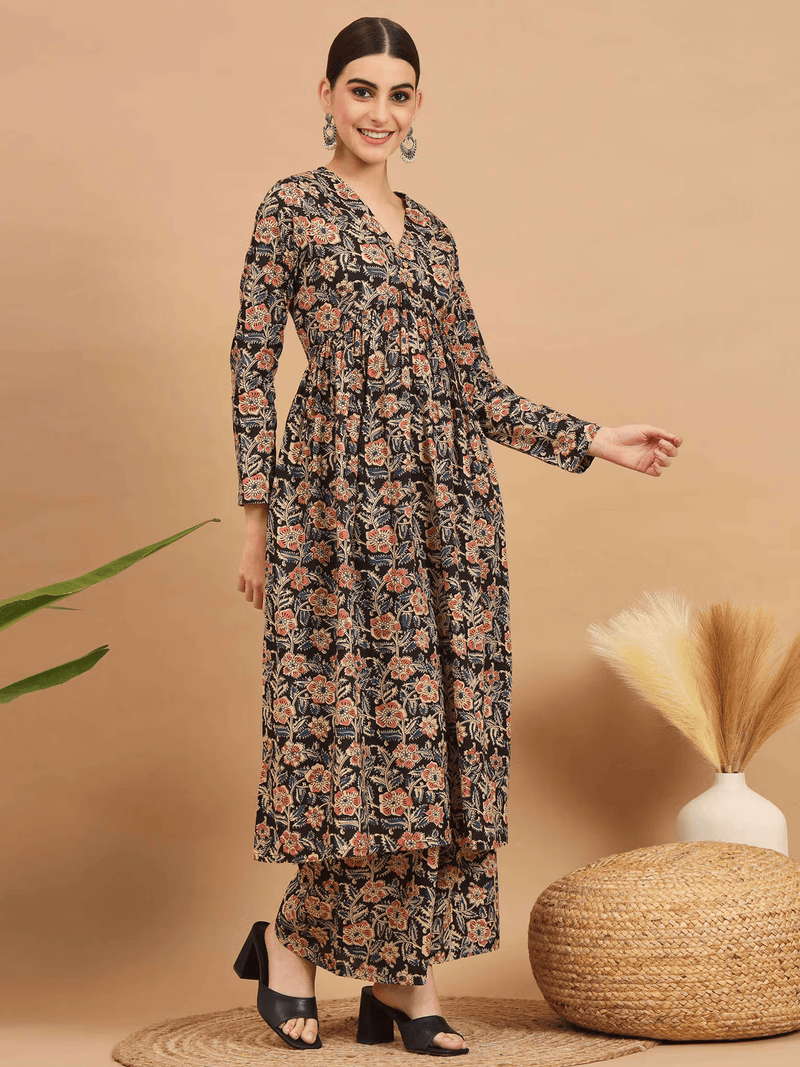 Black Kalamkari Cotton Alia Kurta Set with Dupatta – V - Neck & Palazzo Pants for Casual Comfort - aromie