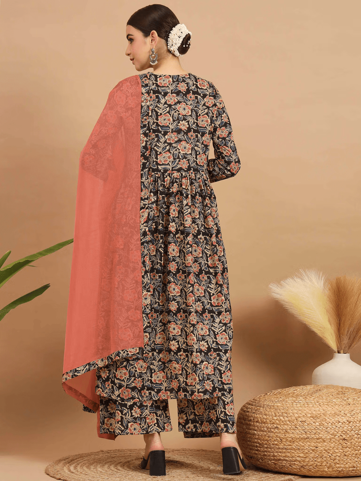 Black Kalamkari Cotton Kurta Set - Elegant Three Piece