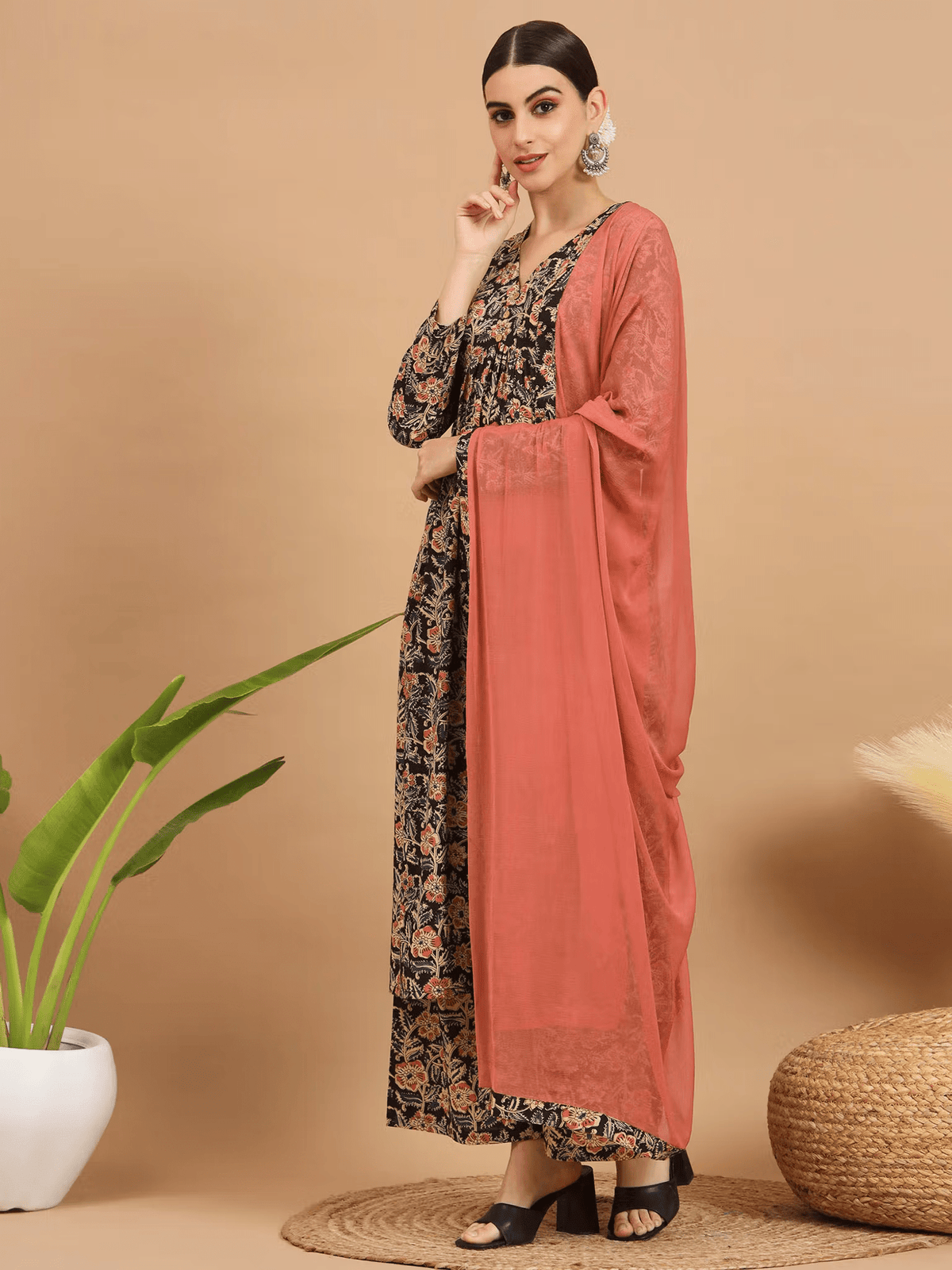 Black Kalamkari Cotton Kurta Set - Elegant Three Piece