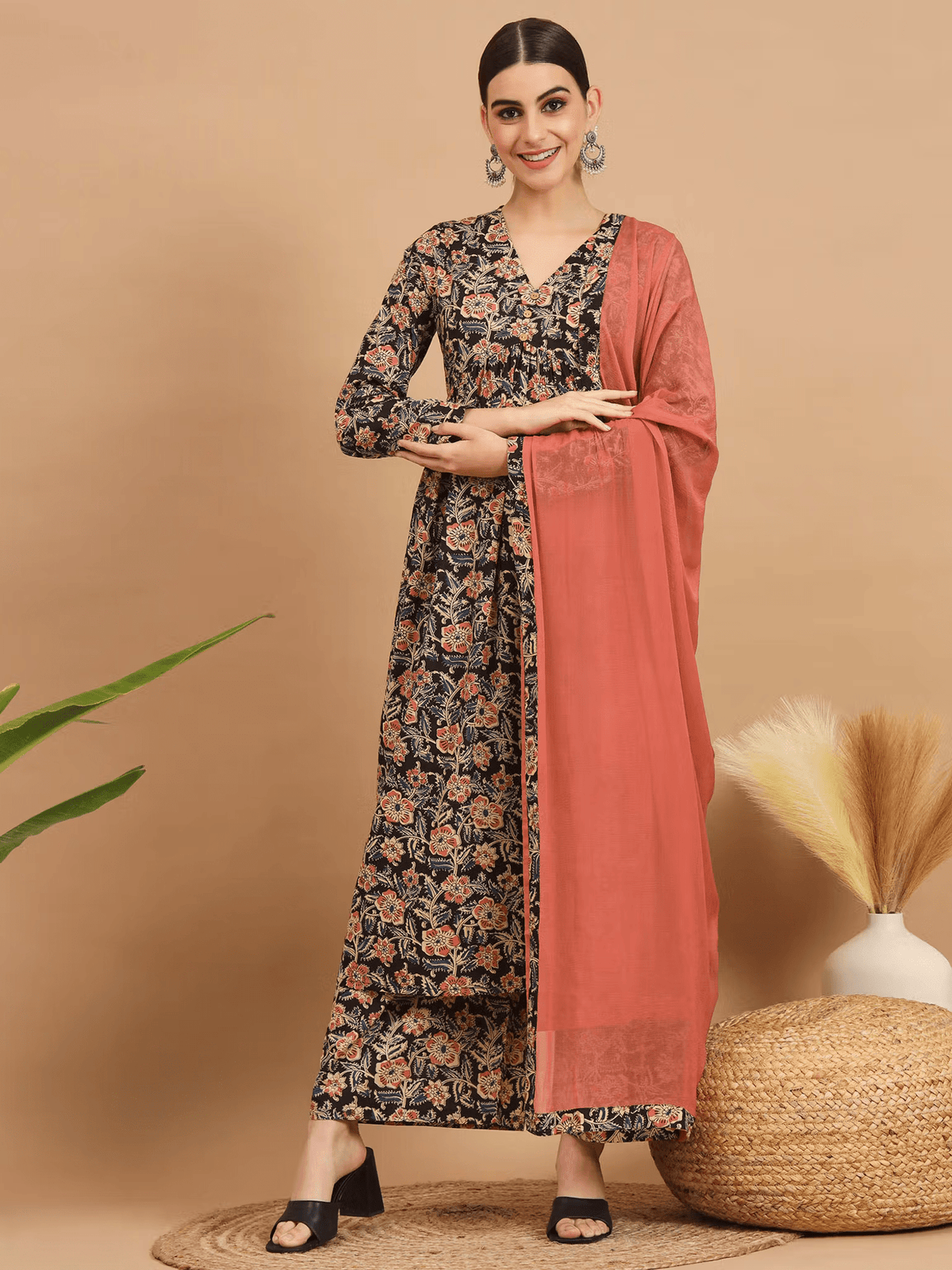Black Kalamkari Cotton Kurta Set - Elegant Three Piece