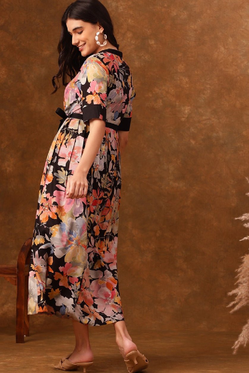 Black & Pink Floral Fit & Flare Dress – Mandarin Collar with Roll - Up Sleeves and Belted Pleated Detail - aromie