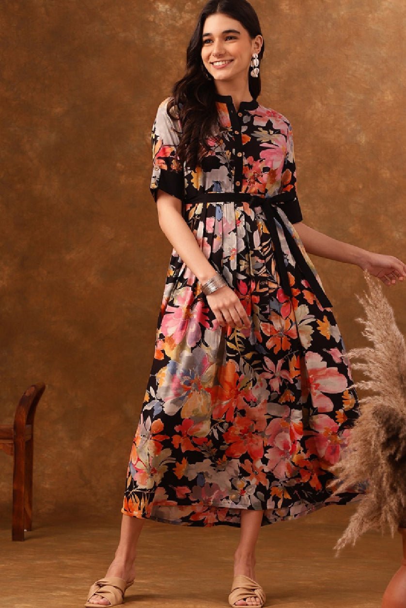 Black & Pink Floral Fit & Flare Dress – Mandarin Collar with Roll - Up Sleeves and Belted Pleated Detail - aromie
