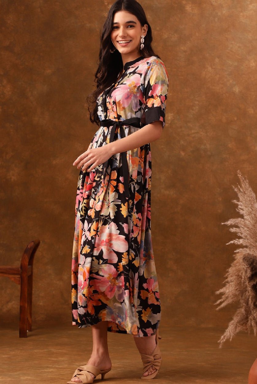 Black & Pink Floral Fit & Flare Dress – Mandarin Collar with Roll - Up Sleeves and Belted Pleated Detail - aromie