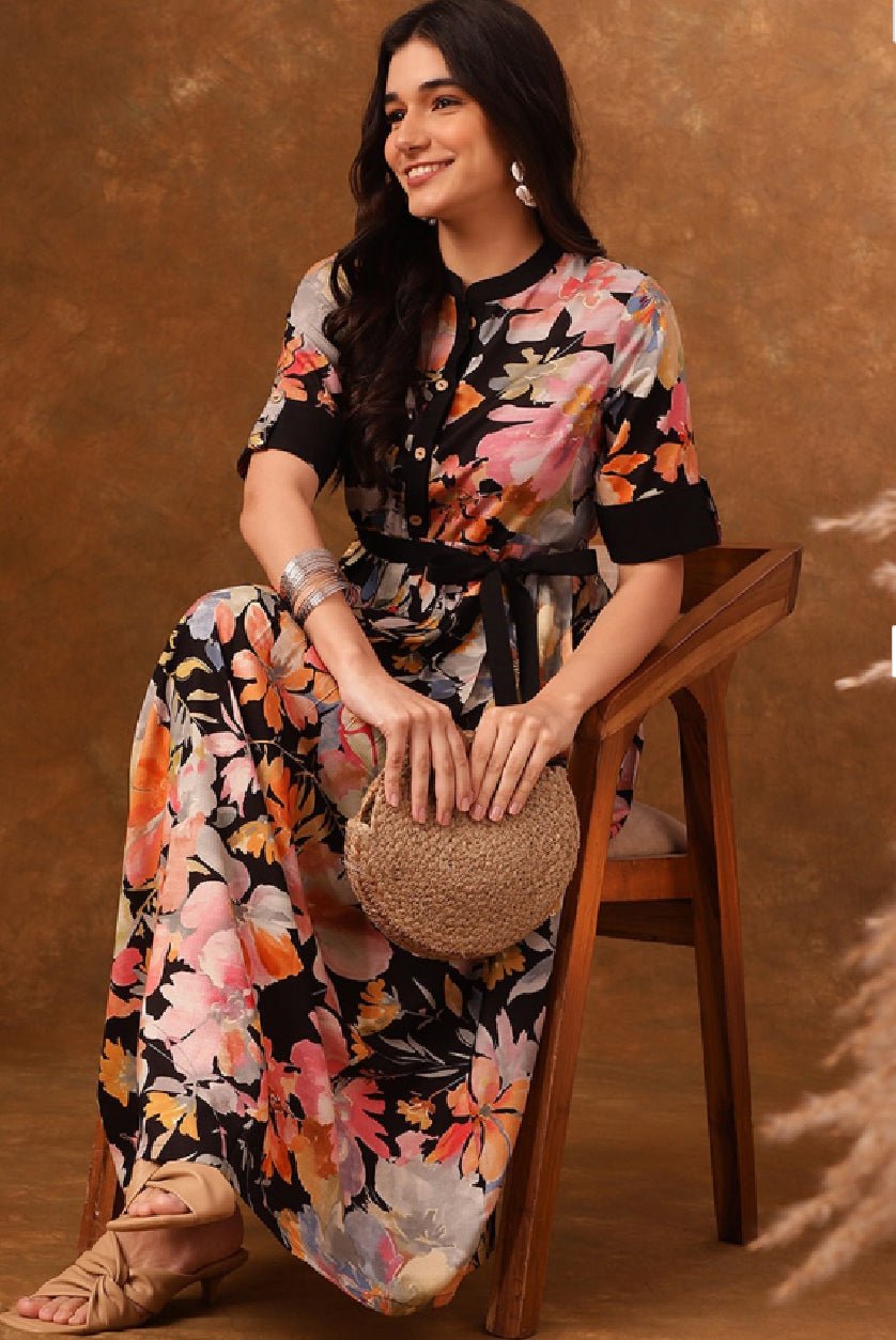 Black & Pink Floral Fit & Flare Dress – Mandarin Collar with Roll - Up Sleeves and Belted Pleated Detail - aromie