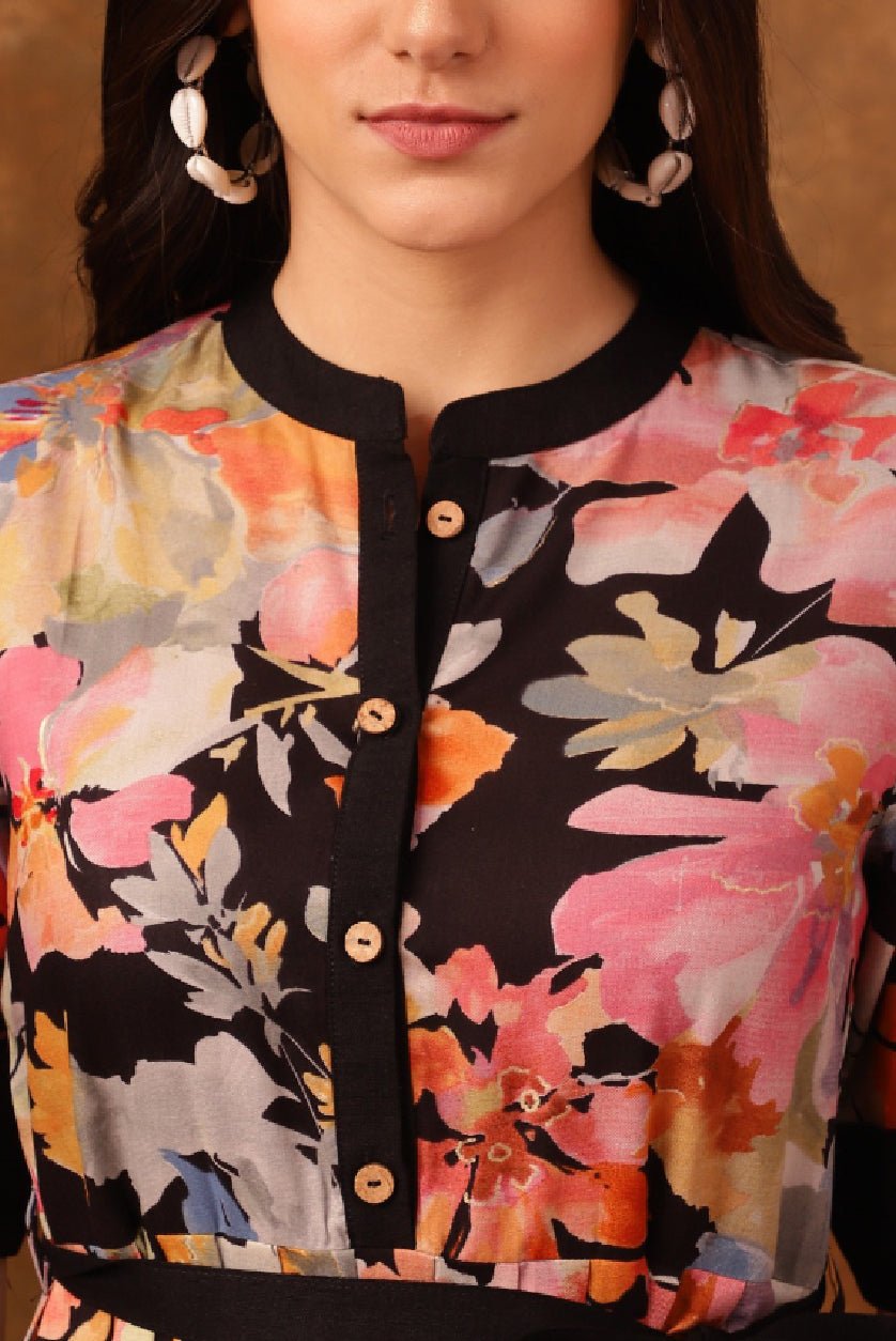 Black & Pink Floral Fit & Flare Dress – Mandarin Collar with Roll - Up Sleeves and Belted Pleated Detail - aromie