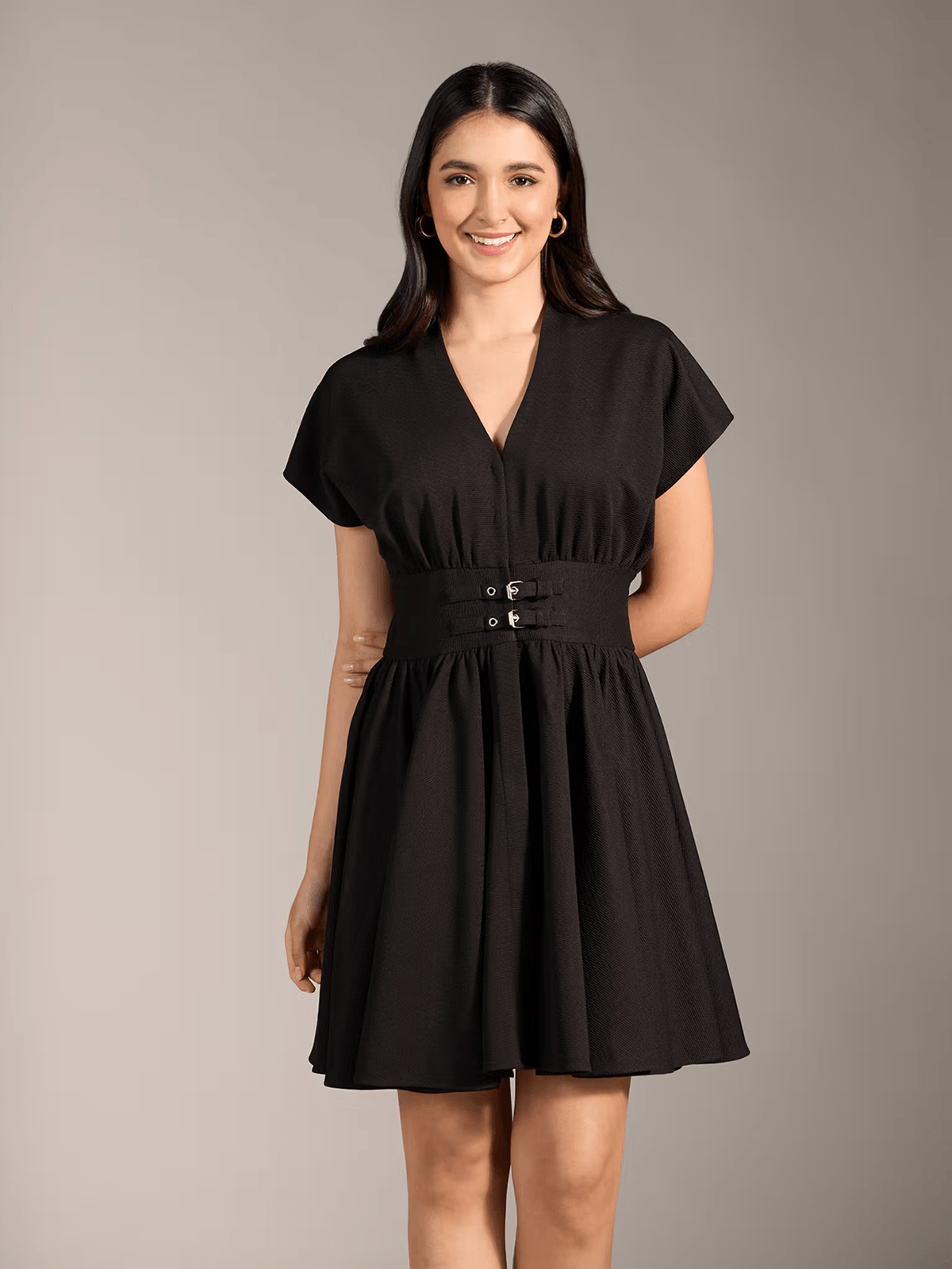 Black V - Neck Skater Dress for Women – Solid Casual Fit with Half Sleeves in Polyester - aromie