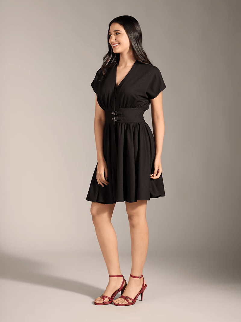 Black V - Neck Skater Dress for Women – Solid Casual Fit with Half Sleeves in Polyester - aromie