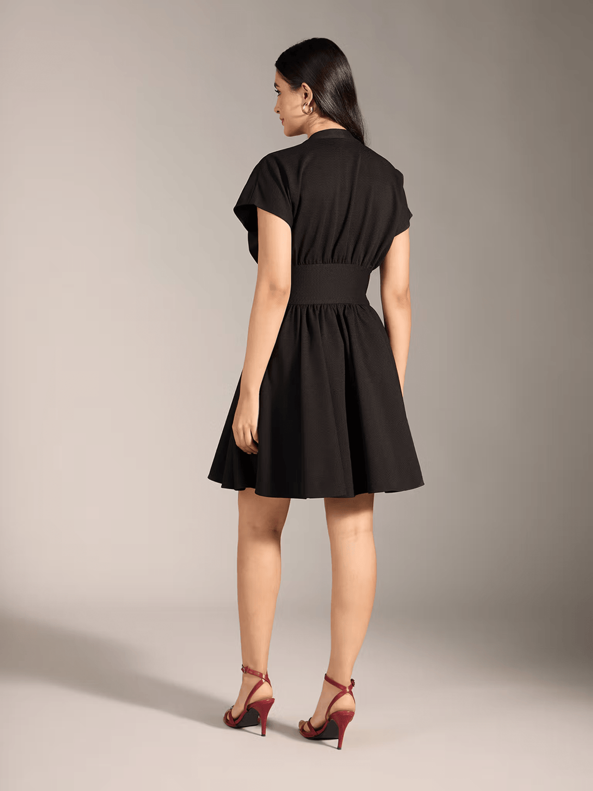 Black V - Neck Skater Dress for Women – Solid Casual Fit with Half Sleeves in Polyester - aromie