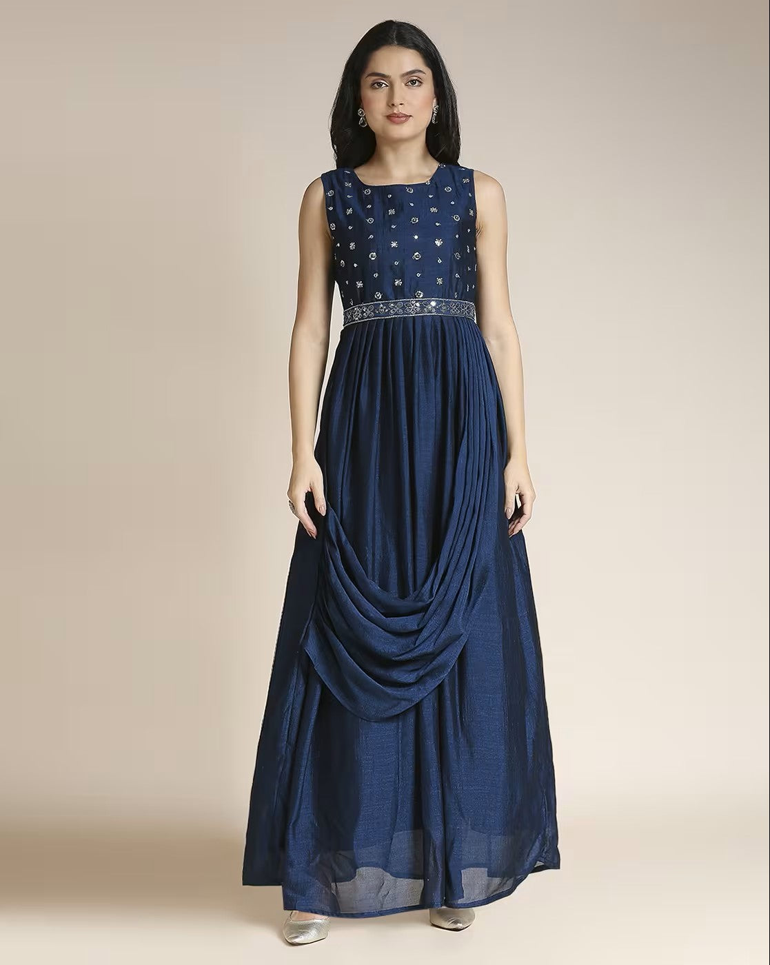 Aromie women's navy blue sleeveless gown with embroidery and draped skirt design