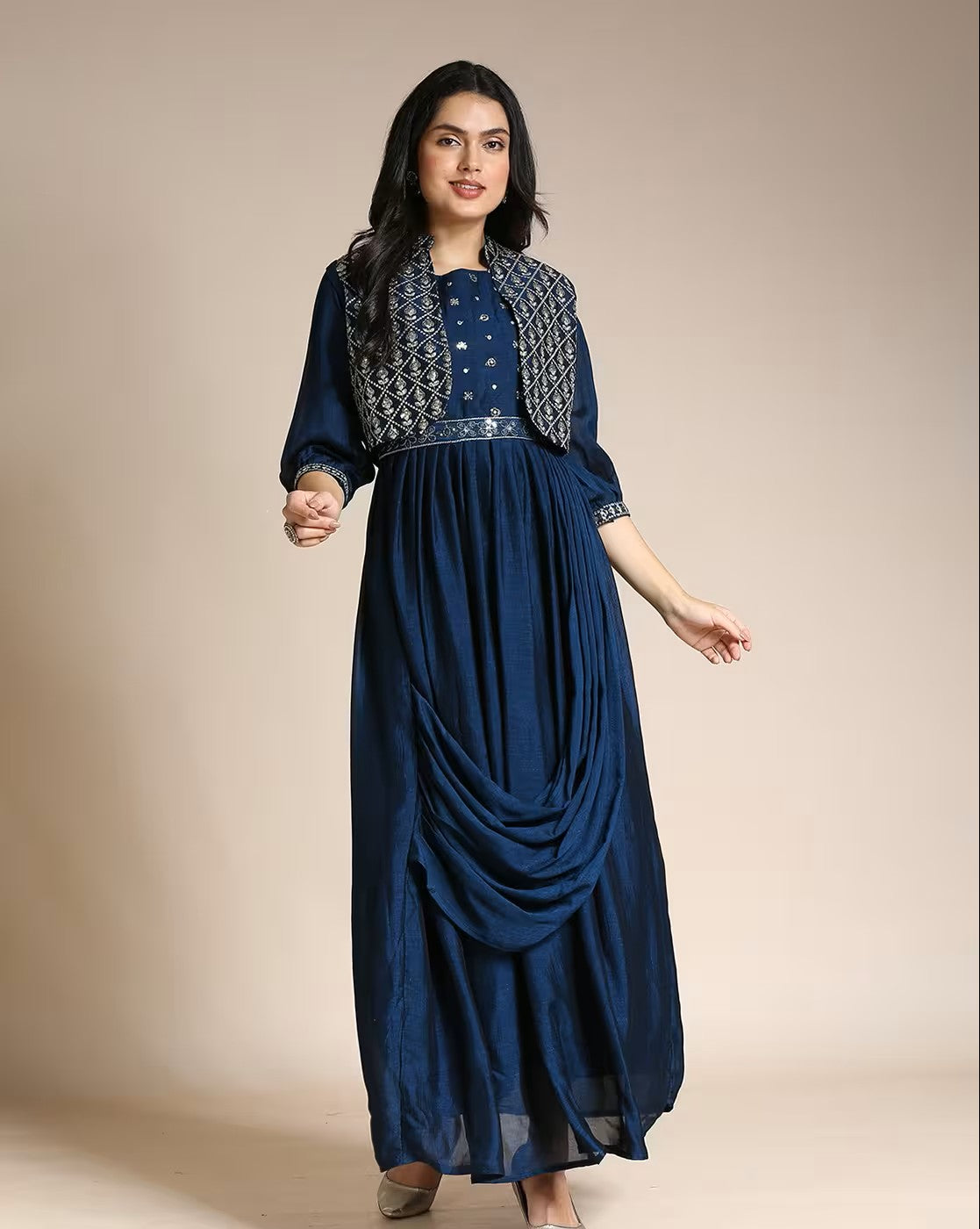 Aromie women's navy blue long dress with embroidered vest, not a black v-neck skater dress women