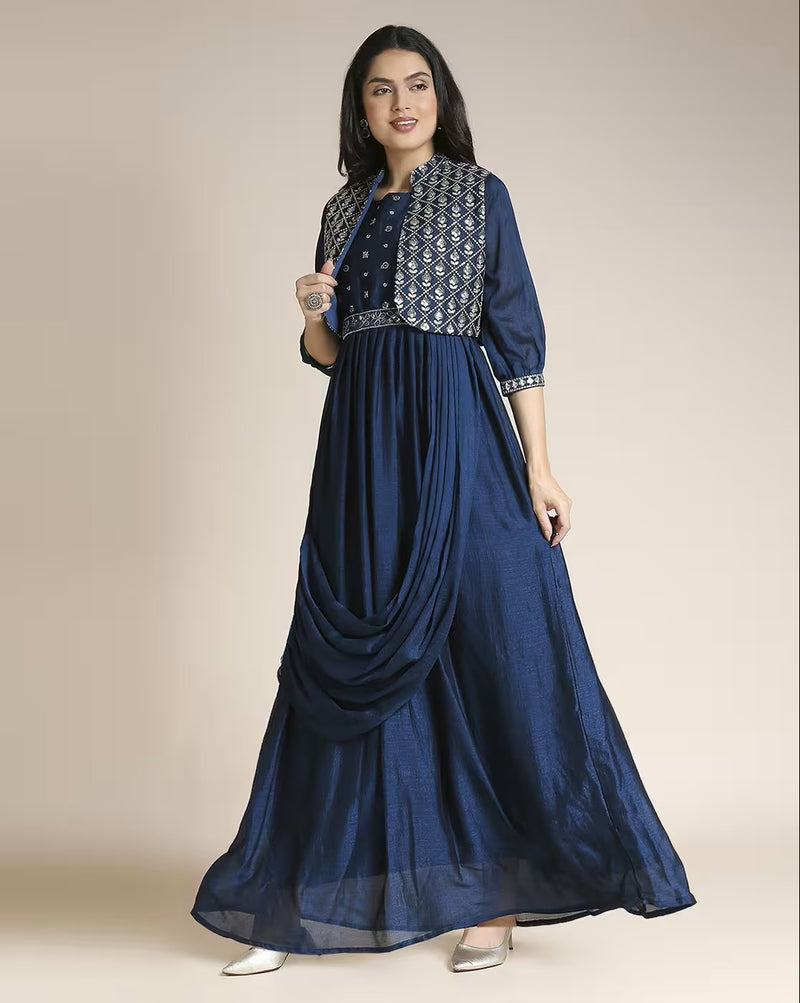 aromie women's navy blue maxi dress with embroidered jacket and long sleeves