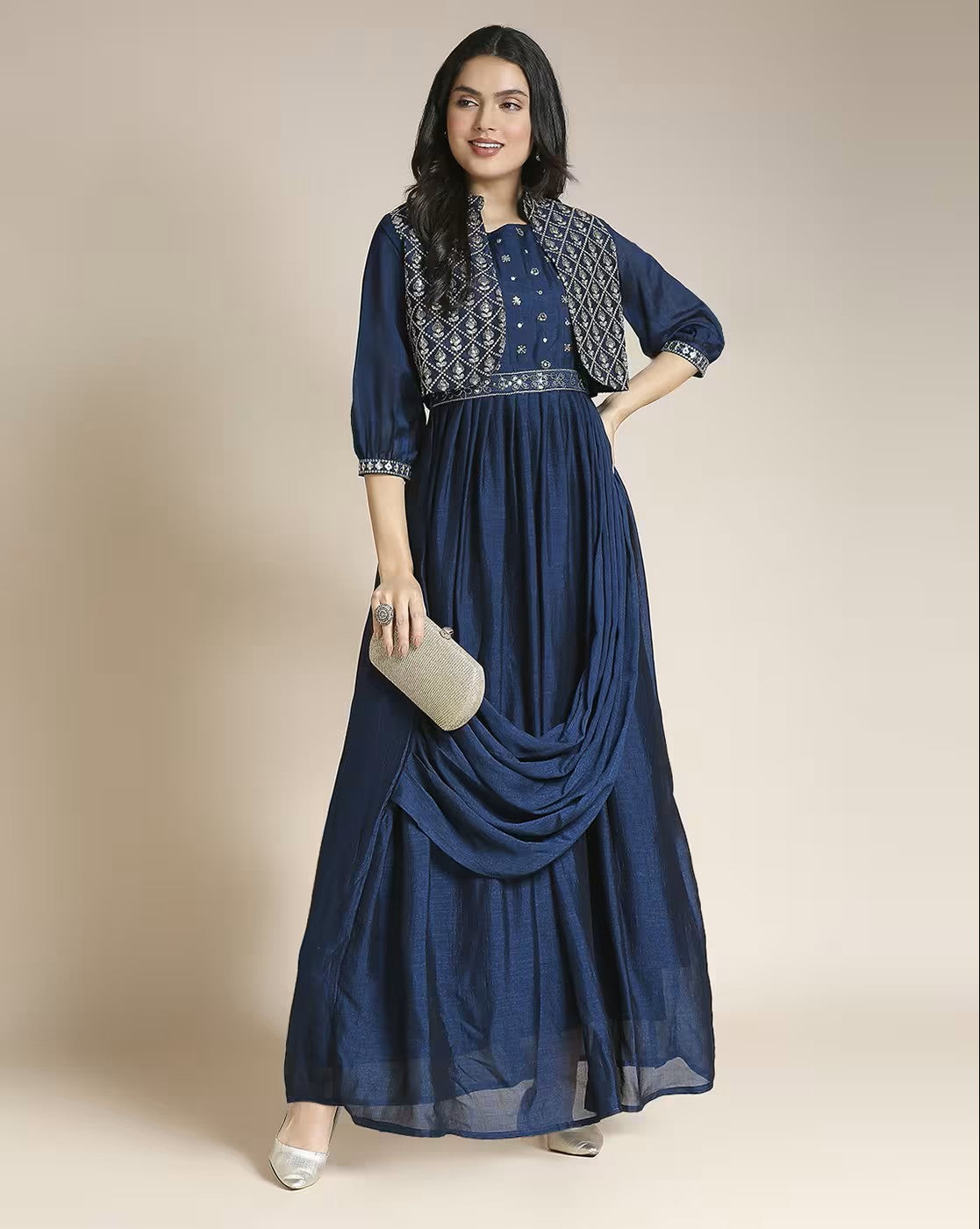 Aromie women's navy blue maxi dress with embroidered vest and draped skirt design