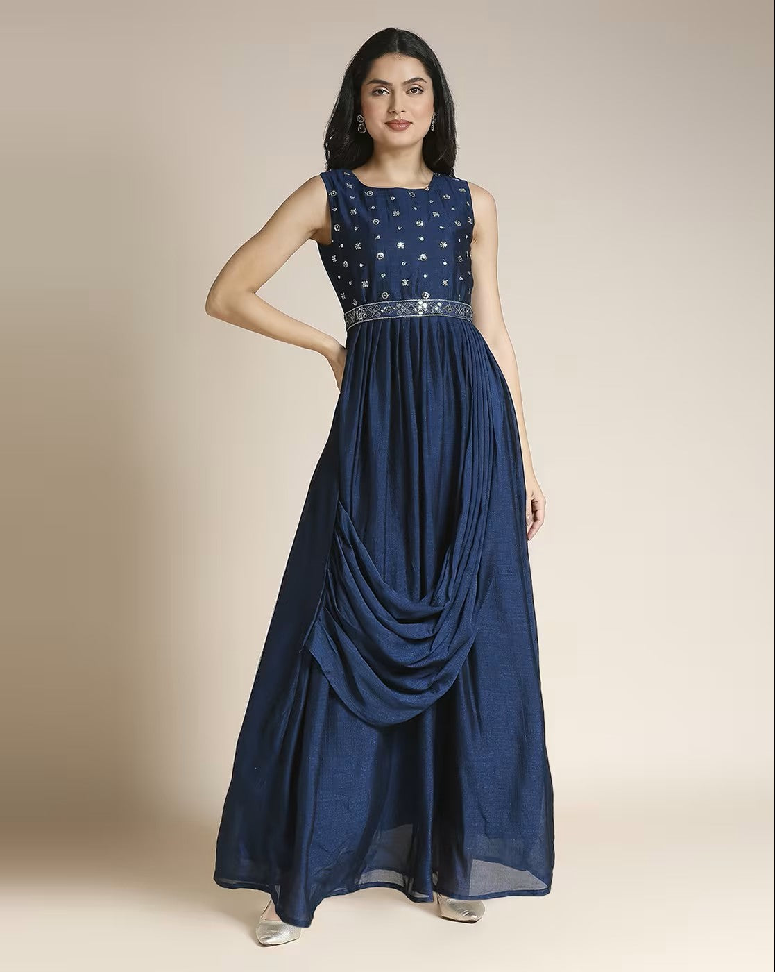 Aromie women's navy blue sleeveless dress with embroidered bodice and draped skirt design