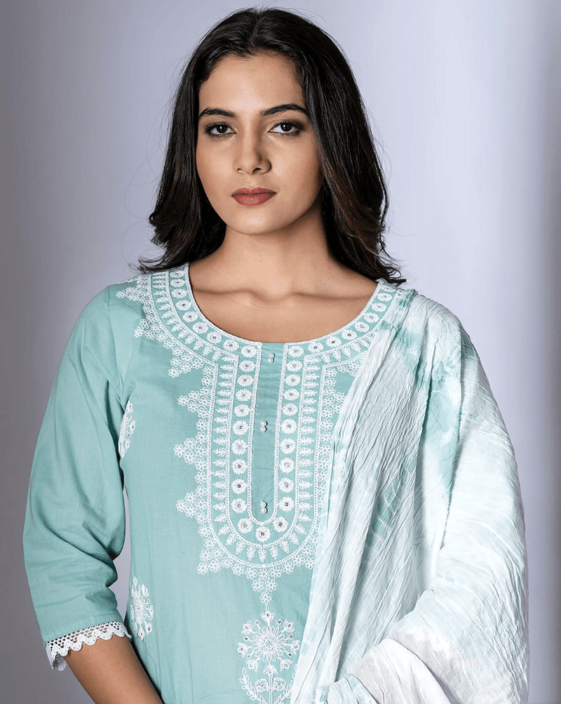 Elegant blue cotton kurti set by Aromie with intricate embroidery and matching dupatta