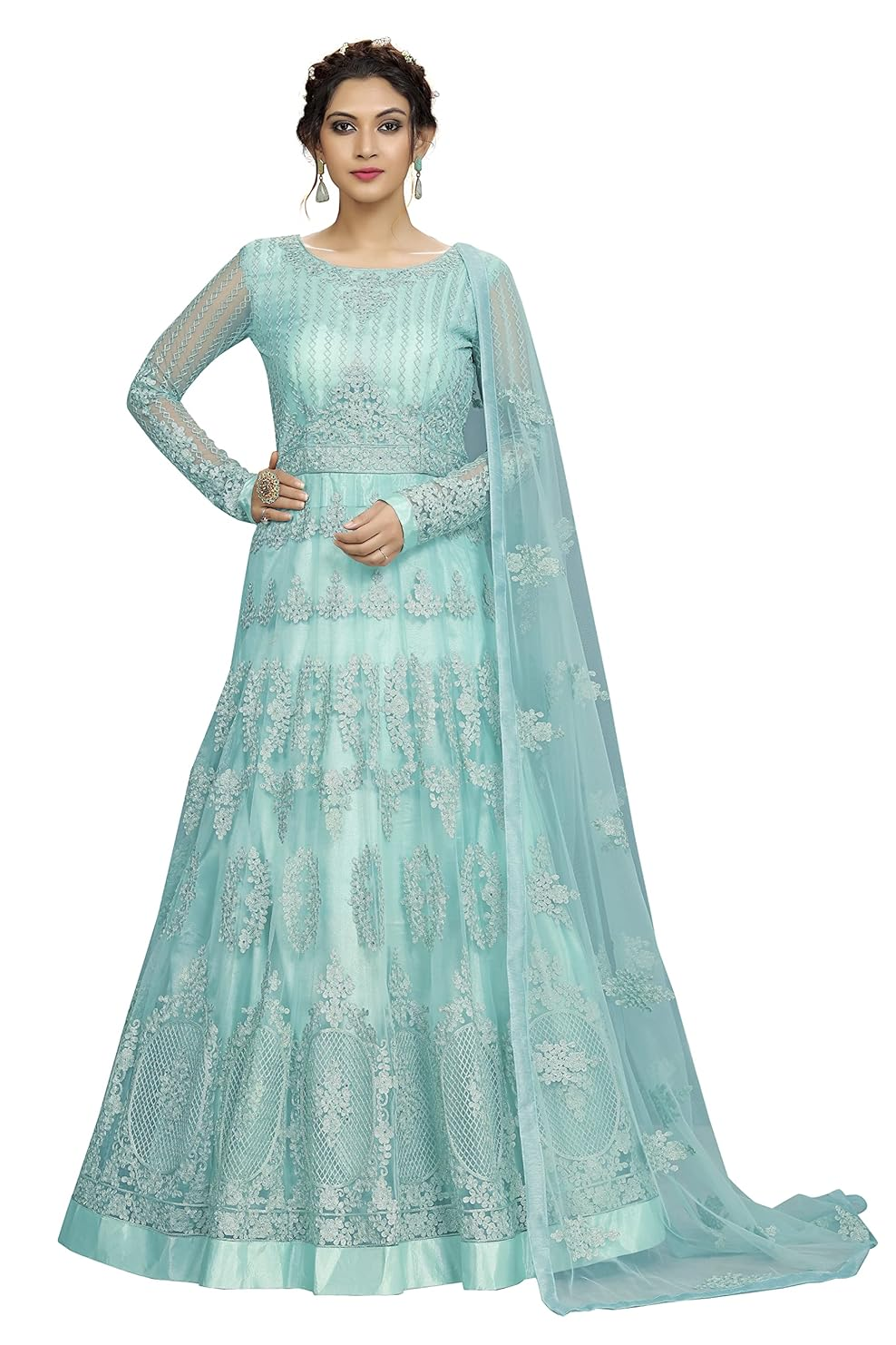 Aromie blue cotton kurti set featuring a three piece kurtha with intricate embroidery and matching dupatta