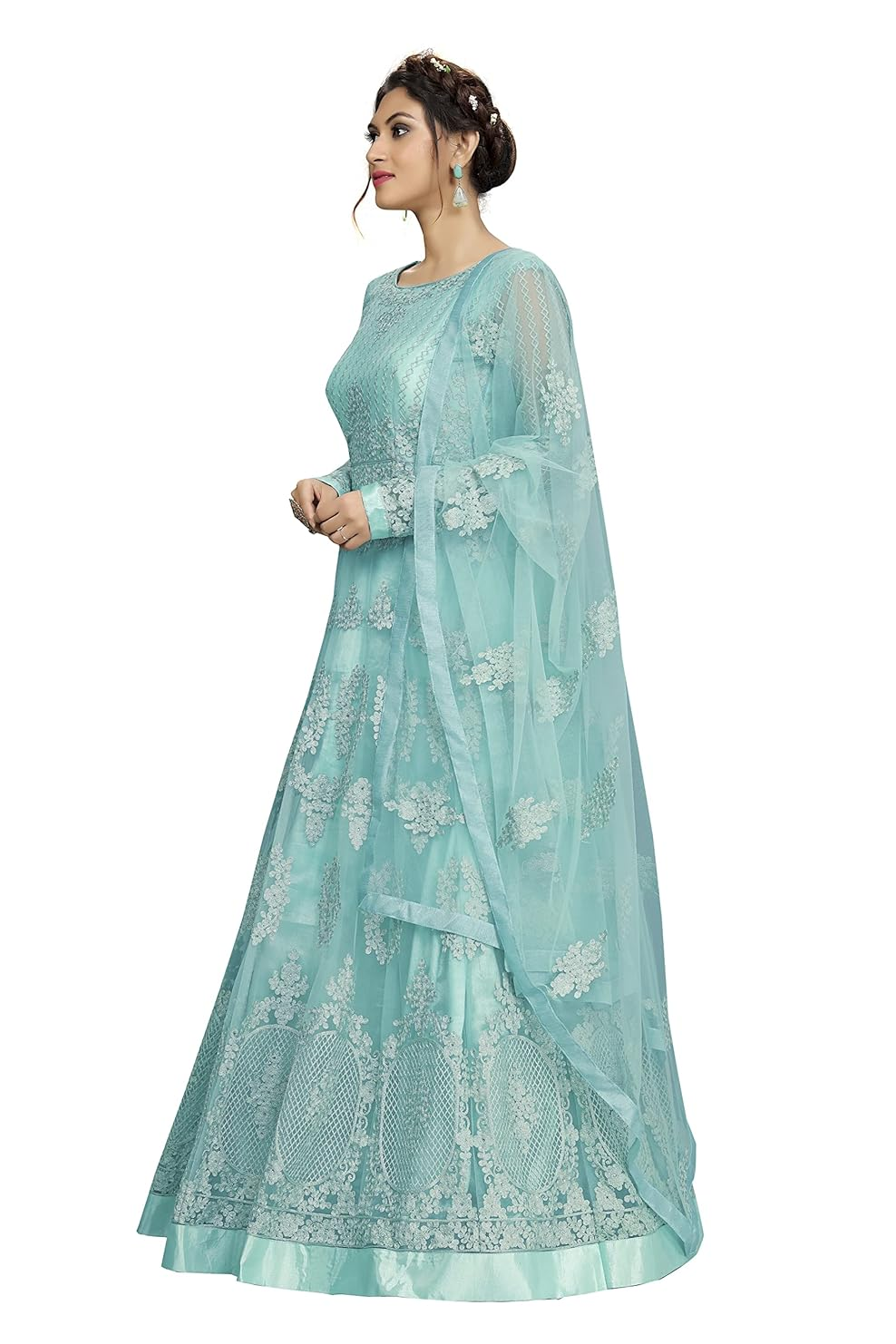 Aromie three piece blue cotton kurti set with floral embroidery and matching dupatta