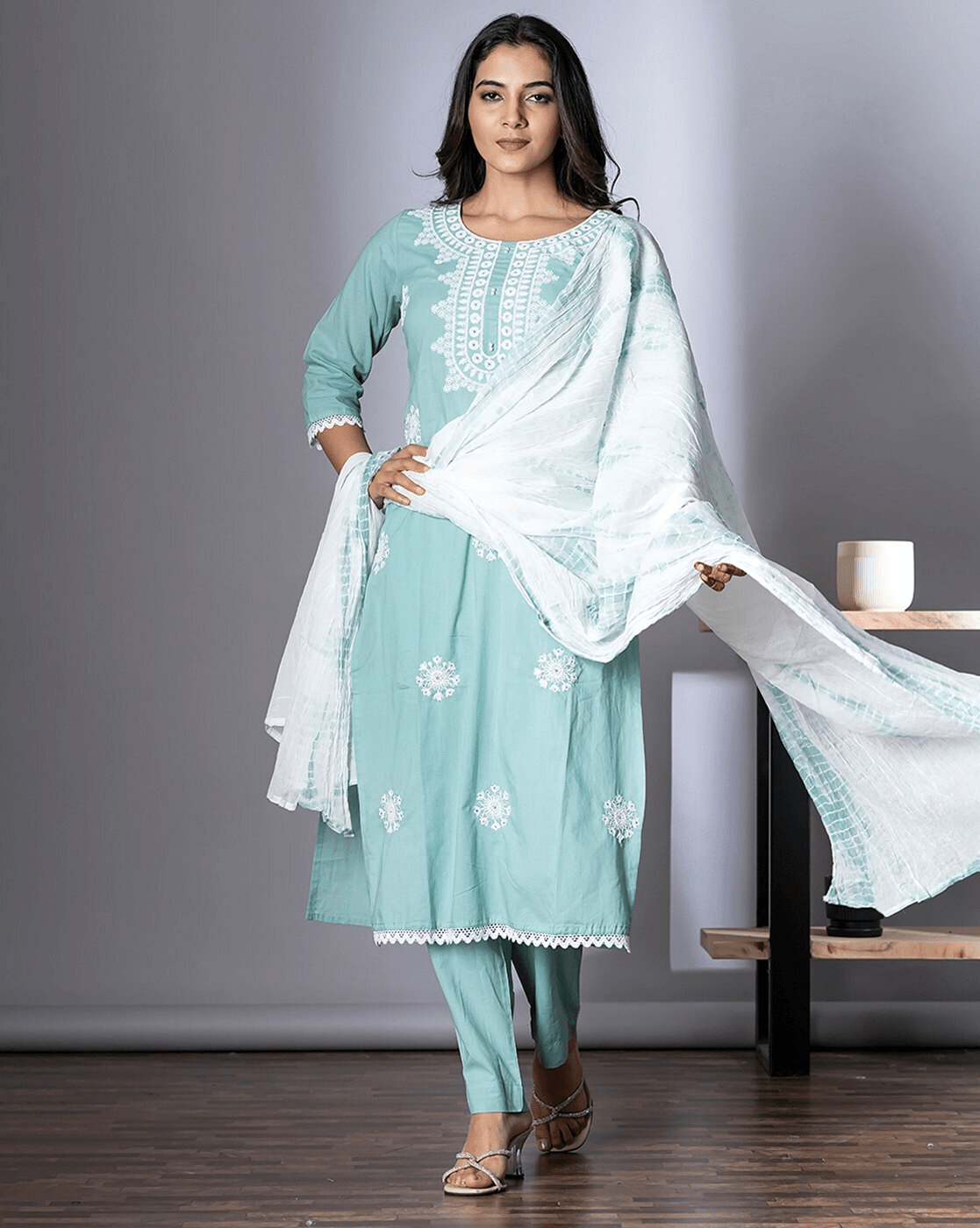 Aromie three piece blue cotton kurti set featuring elegant embroidery and a stylish dupatta
