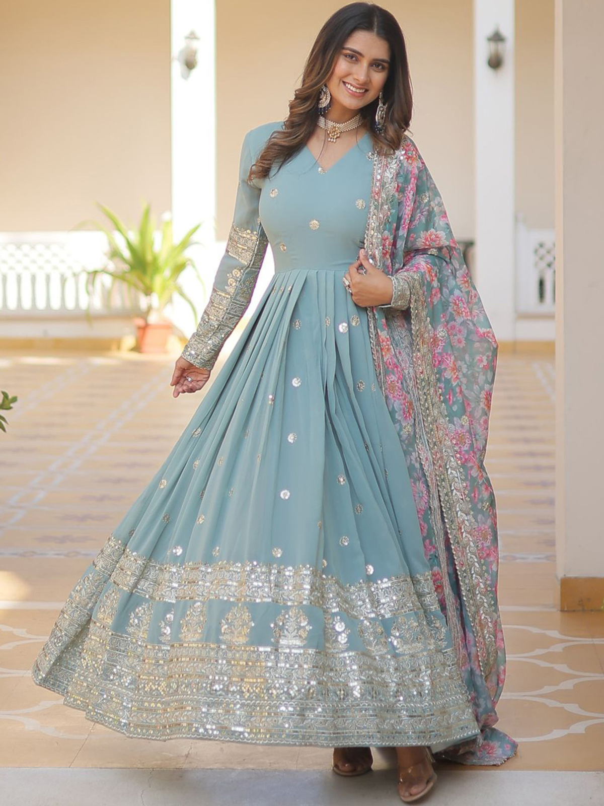 Elegant blue embroidered anarkali kurta with dupatta featuring intricate detailing and a flowy silhouette