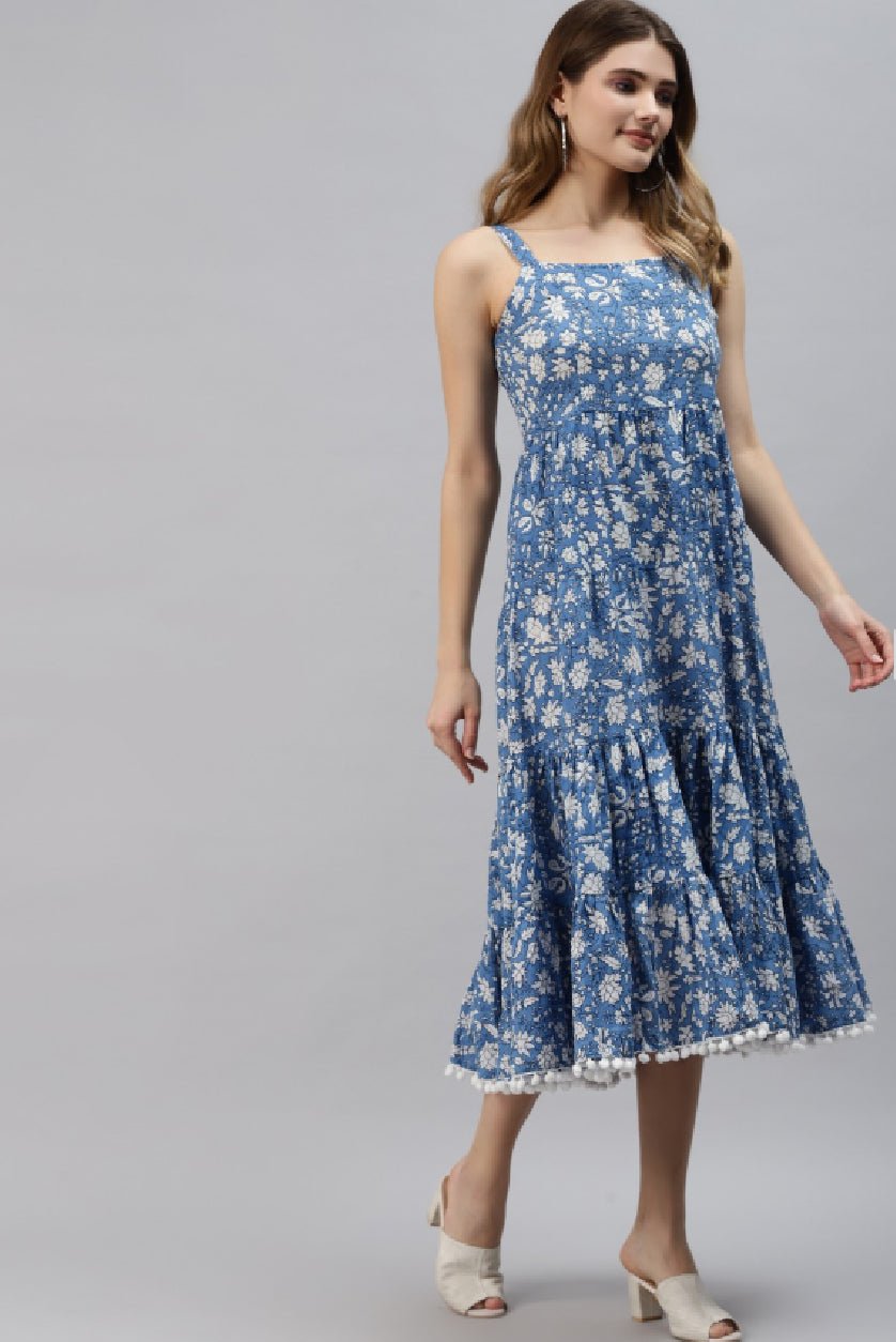 Aromie Blue Ethnic Cotton Dress for Women