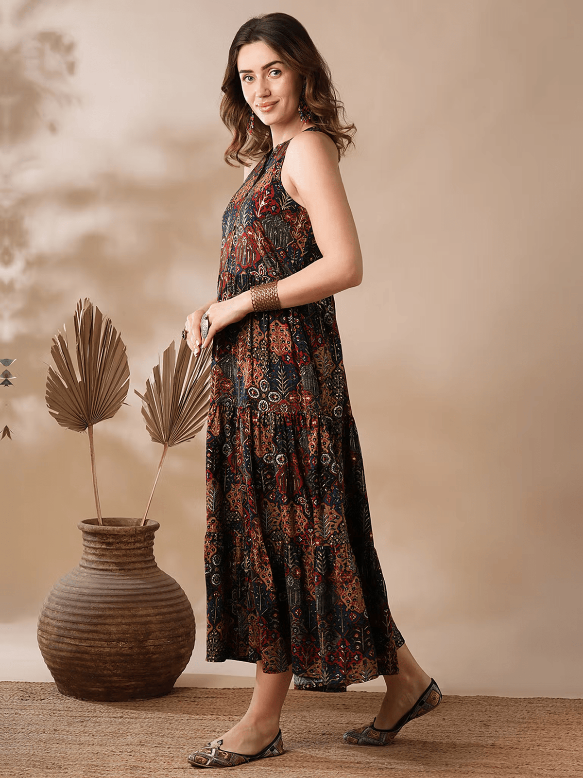 Blue Floral Halter Neck Dress for Women