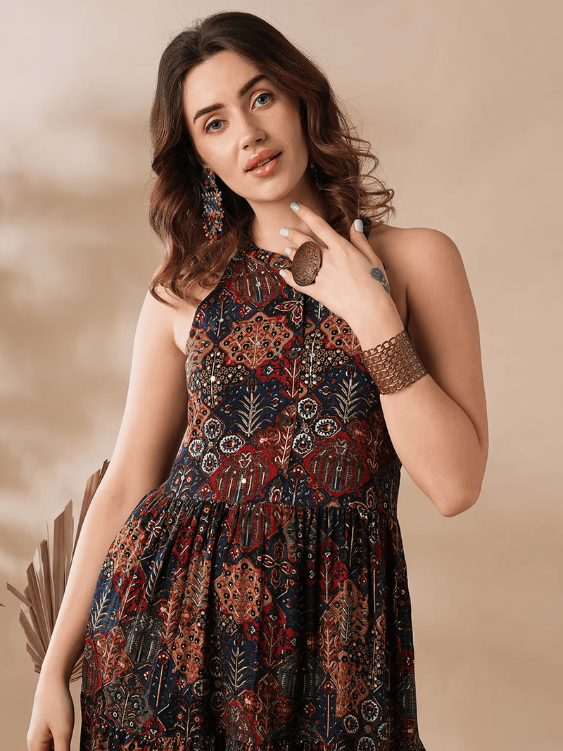 Blue Floral Halter Neck Midi Dress for Women – Sleeveless Viscose Dress with Button Fly Closure - aromie