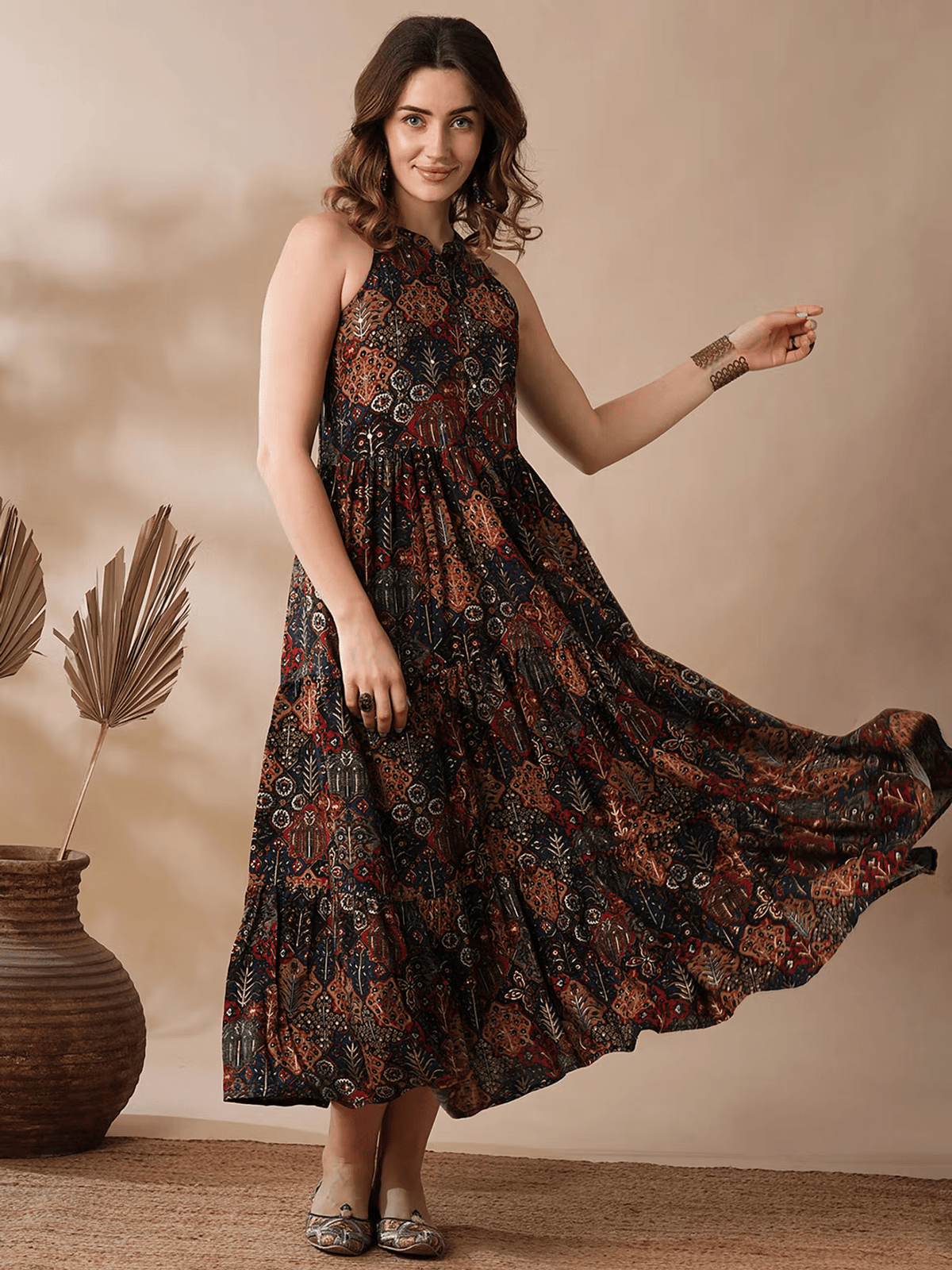 Blue Floral Halter Neck Midi Dress for Women – Sleeveless Viscose Dress with Button Fly Closure - aromie