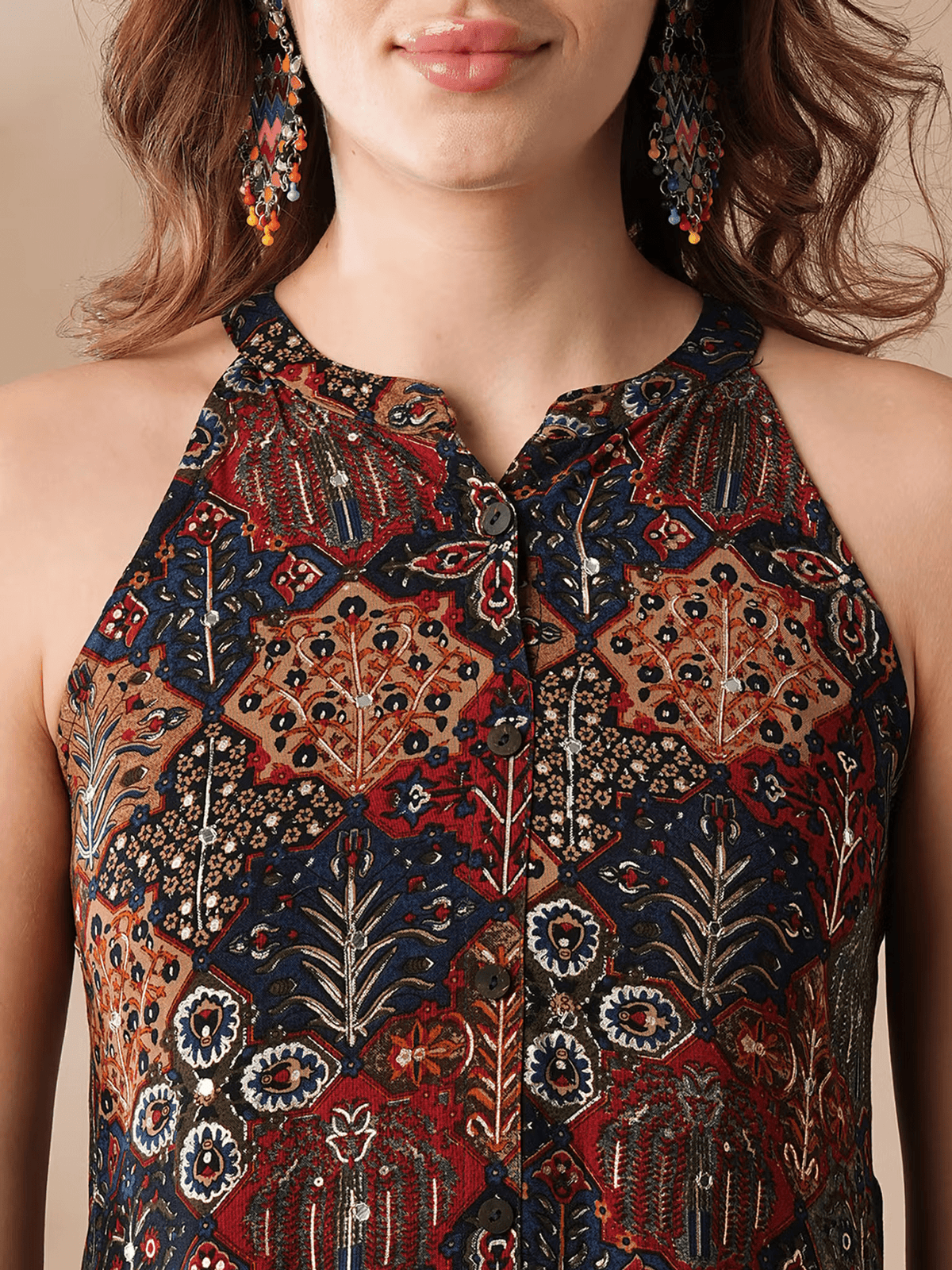 Blue Floral Halter Neck Midi Dress for Women – Sleeveless Viscose Dress with Button Fly Closure - aromie