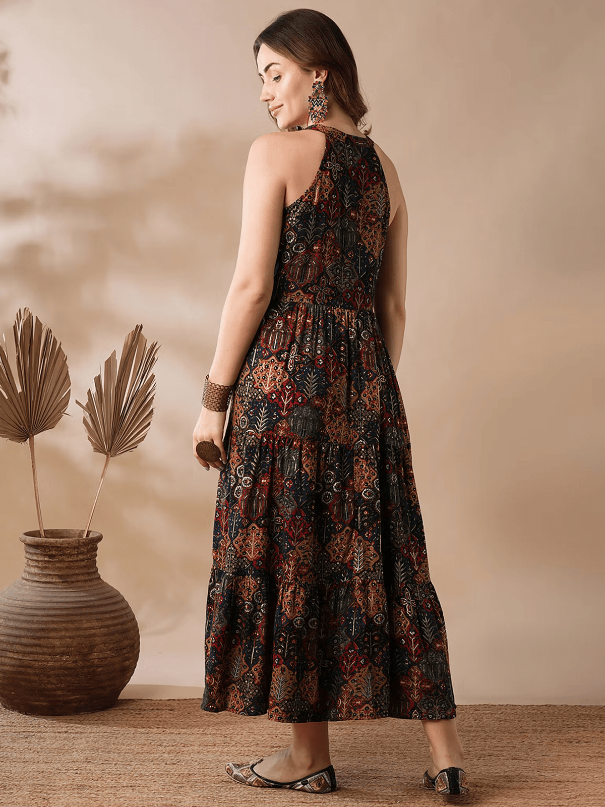 Blue Floral Halter Neck Midi Dress for Women – Sleeveless Viscose Dress with Button Fly Closure - aromie