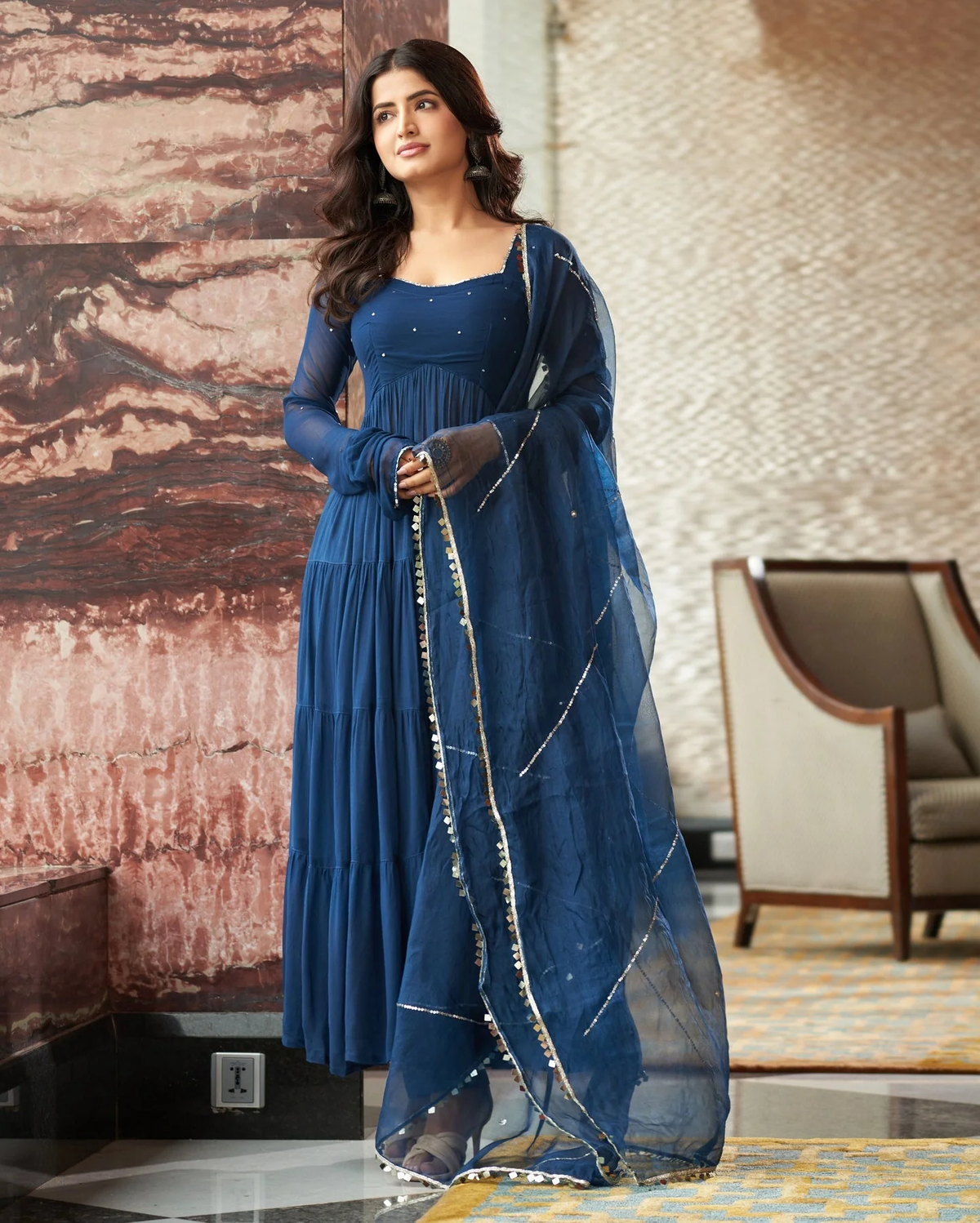 Elegant blue georgette anarkali suit Canada with long sleeves and embellished details, perfect for festive occasions.