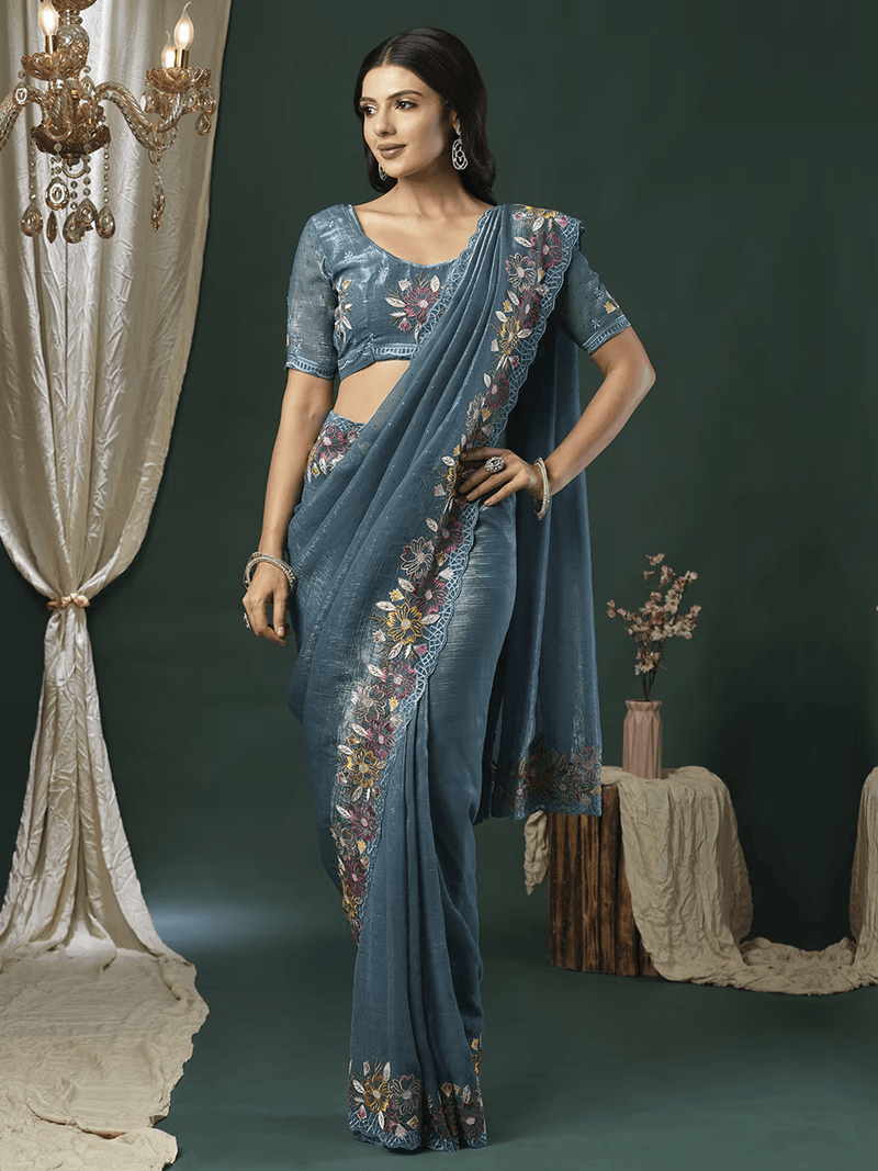 Blue Georgette Embroidered Saree for Festive Wear | Lightweight Saree with Unstitched Blouse Canada - aromie