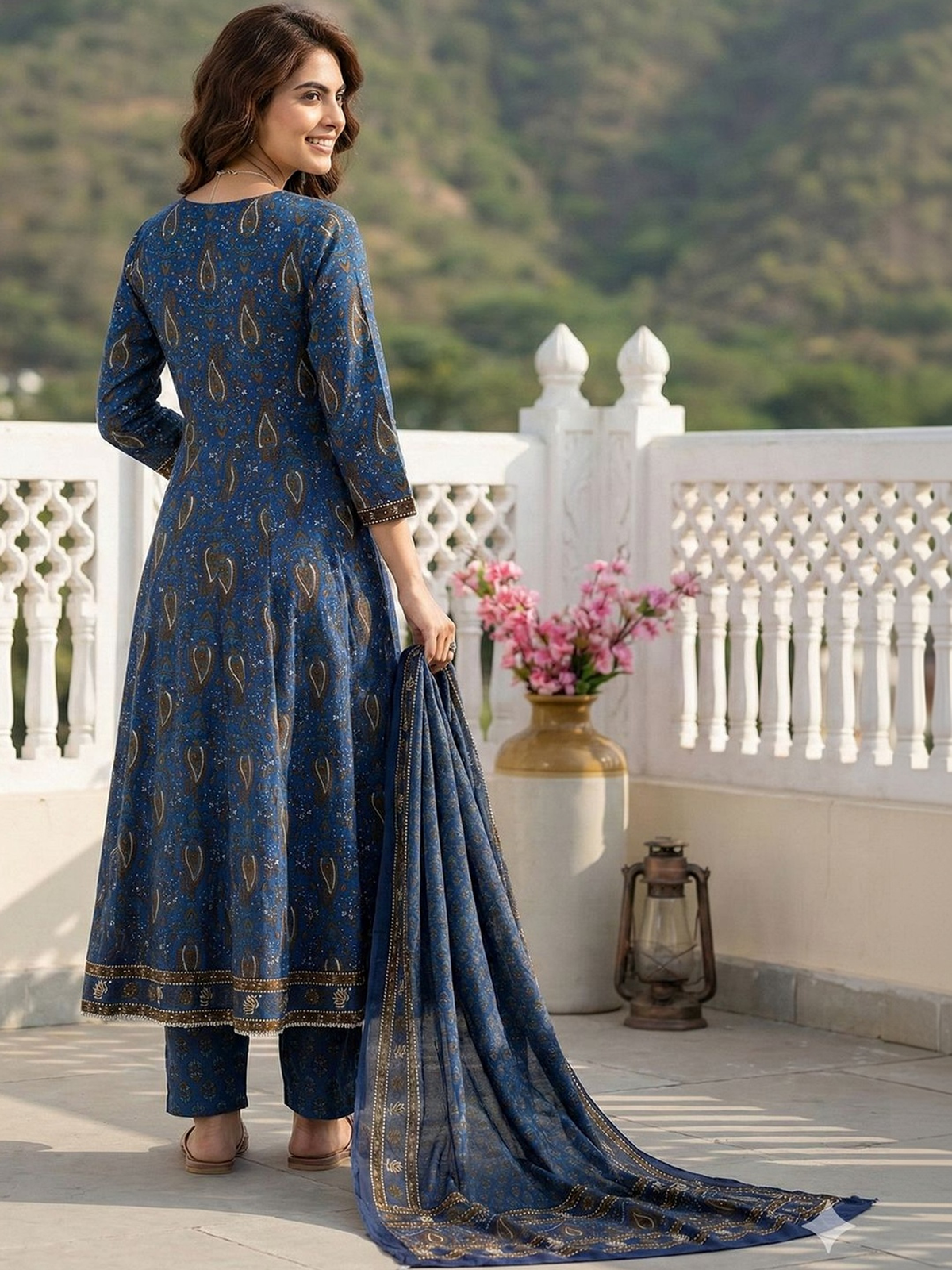 Blue printed Anarkali kurta set Canada made from soft fabric, showcasing a back view, ideal for festive occasions