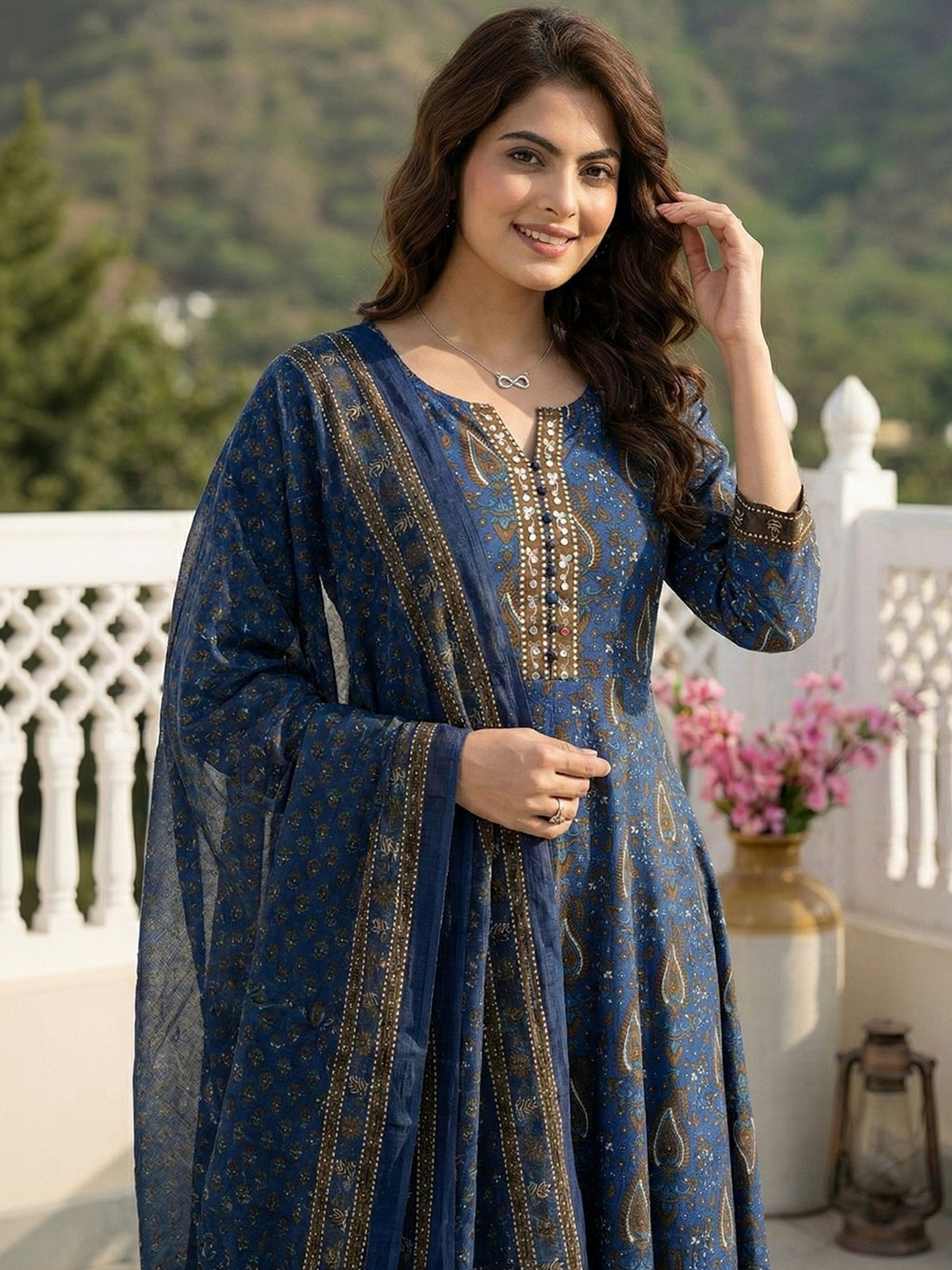 Front view of a blue printed Anarkali kurta set Canada in lightweight fabric, perfect for festive occasions.