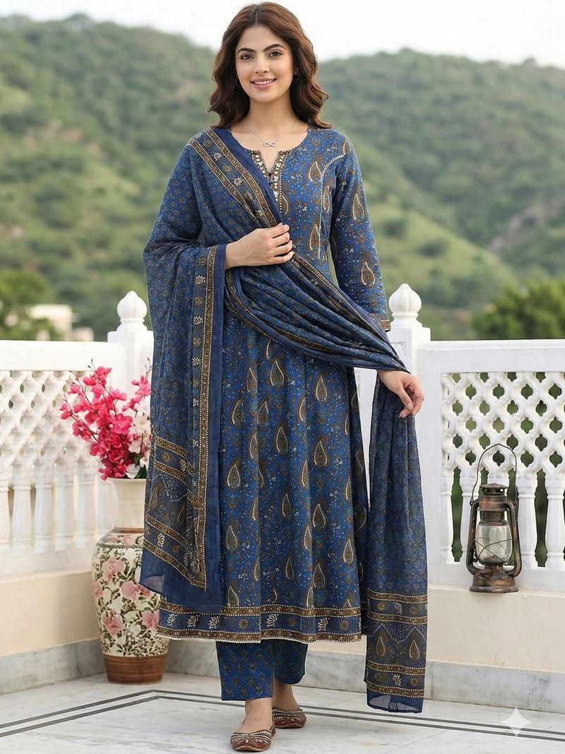 Front view of a blue printed Anarkali kurta set Canada, crafted from lightweight fabric, perfect for casual or festive occasions