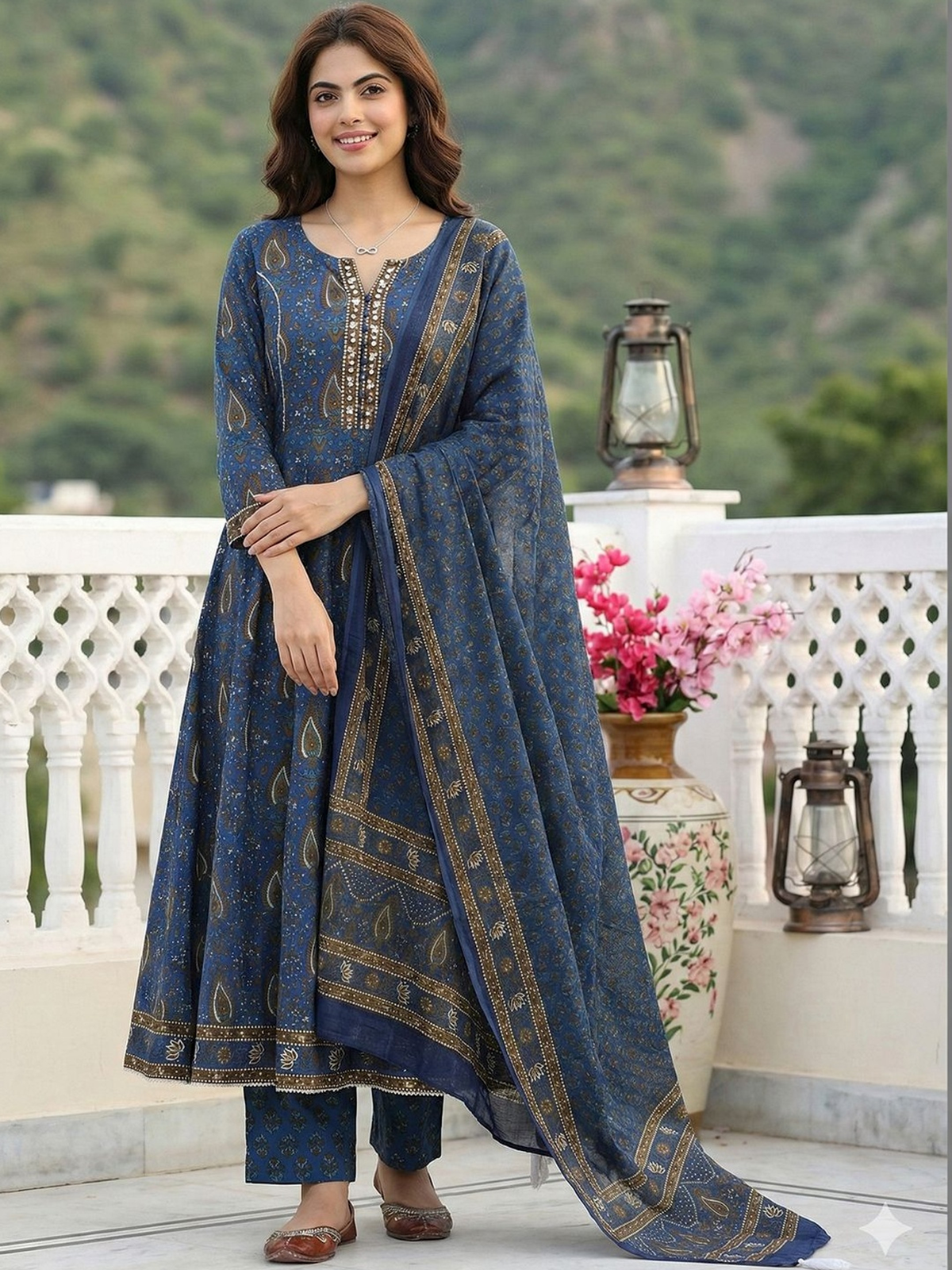 Front view of a blue printed Anarkali kurta set Canada with intricate patterns and elegant styling, perfect for festive occasions.