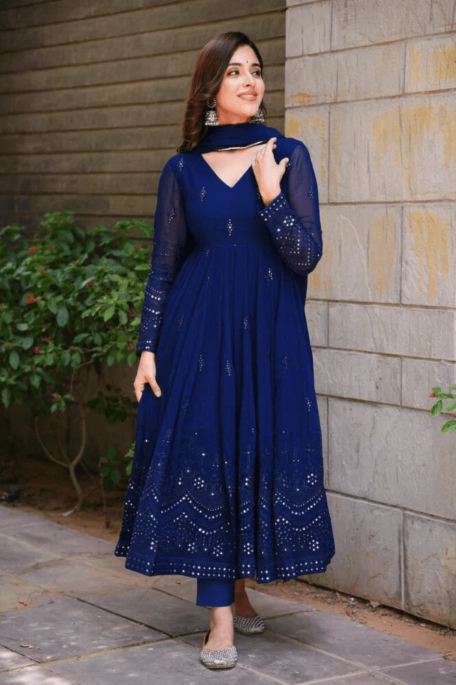 Aromie blue sequin anarkali gown Canada featuring intricate designs and long sleeves