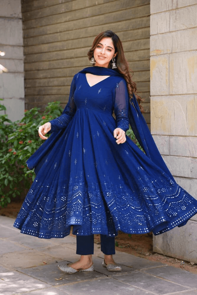 Aromie blue sequin anarkali gown Canada with elegant design and flowing silhouette