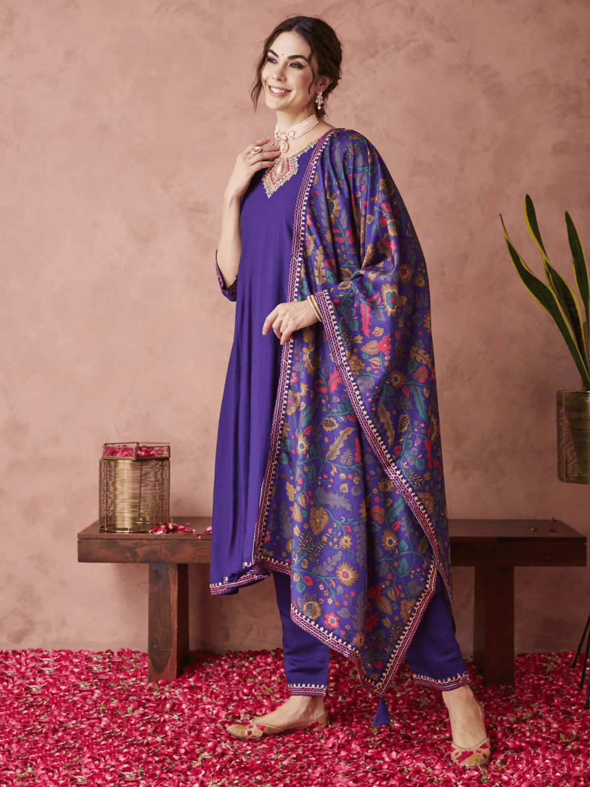 Blue Silk Embroidered Anarkali Set with Pant and Dupatta – Party Wear Ethnic Outfit for Women - aromie
