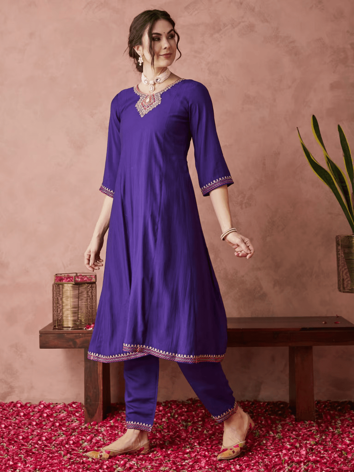 Blue Silk Embroidered Anarkali Set with Pant and Dupatta – Party Wear Ethnic Outfit for Women - aromie