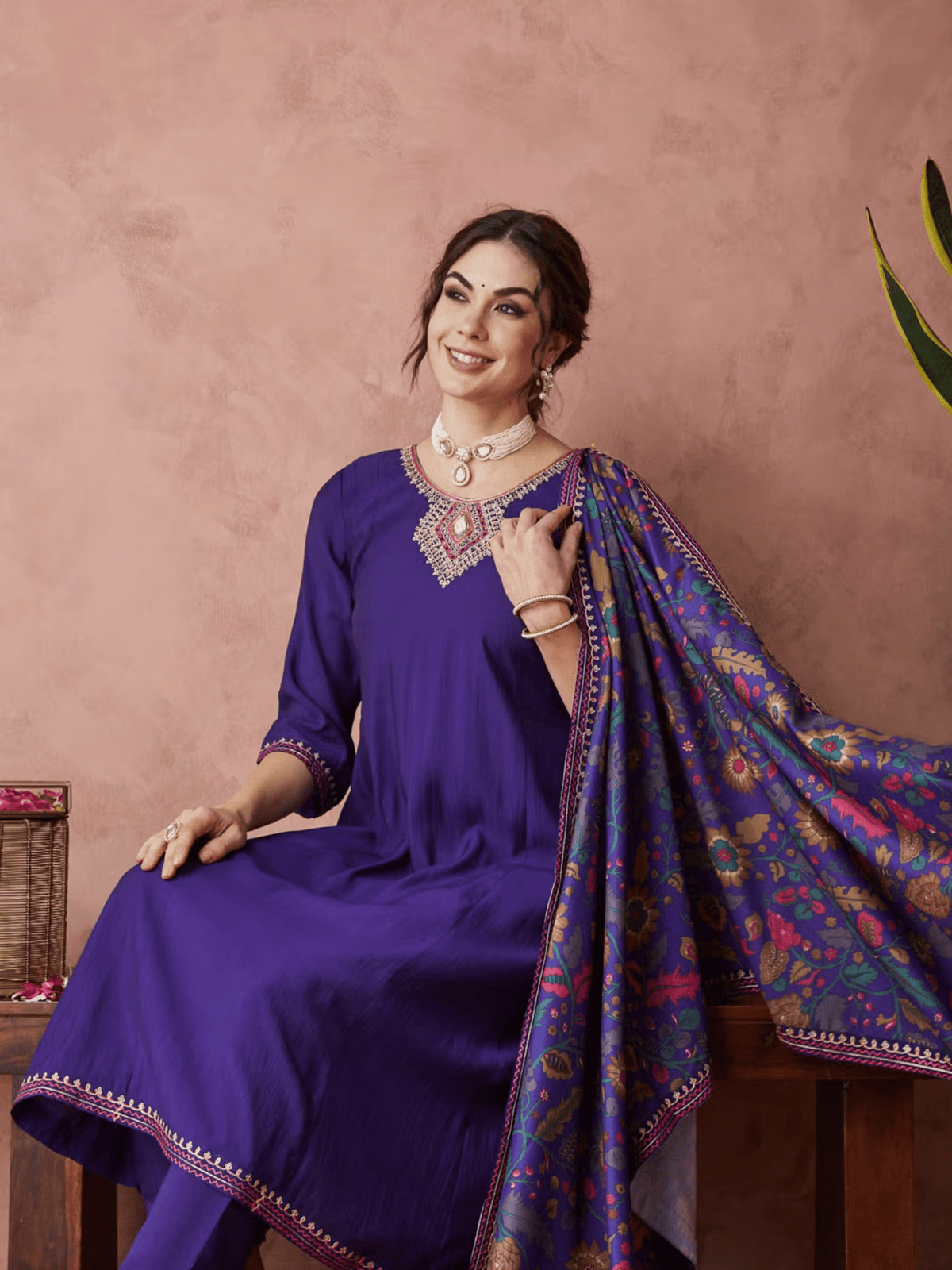Blue Silk Embroidered Anarkali Set with Pant and Dupatta – Party Wear Ethnic Outfit for Women - aromie