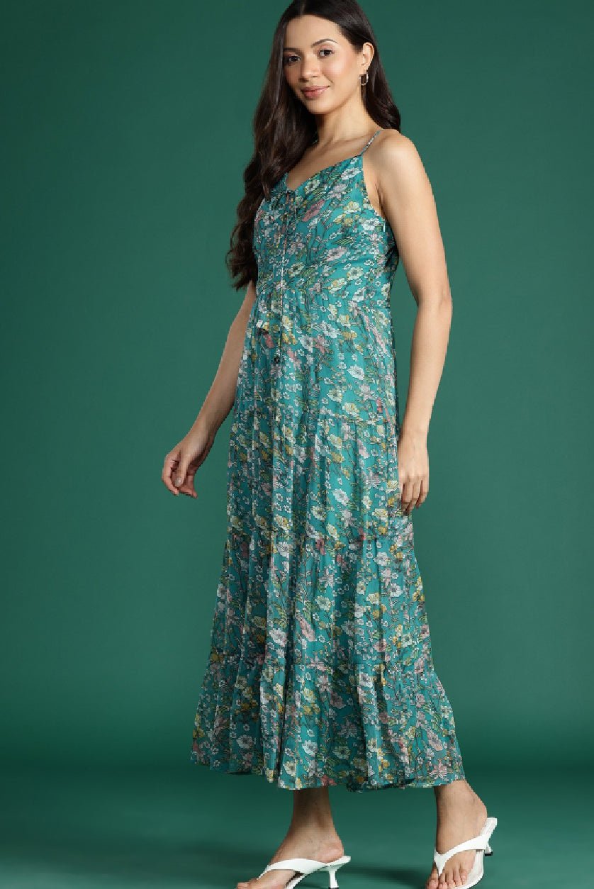 "Blue & White Floral Maxi Dress for Women | Sleeveless Fit and Flare Summer Dress" - aromie