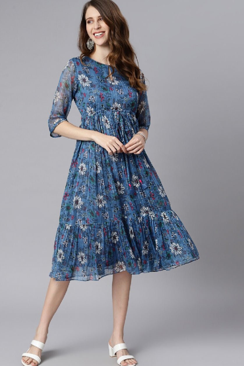 Blue & White Floral Print Georgette Fit & Flare Midi Dress – Keyhole Neck with Three - Quarter Sleeves - aromie