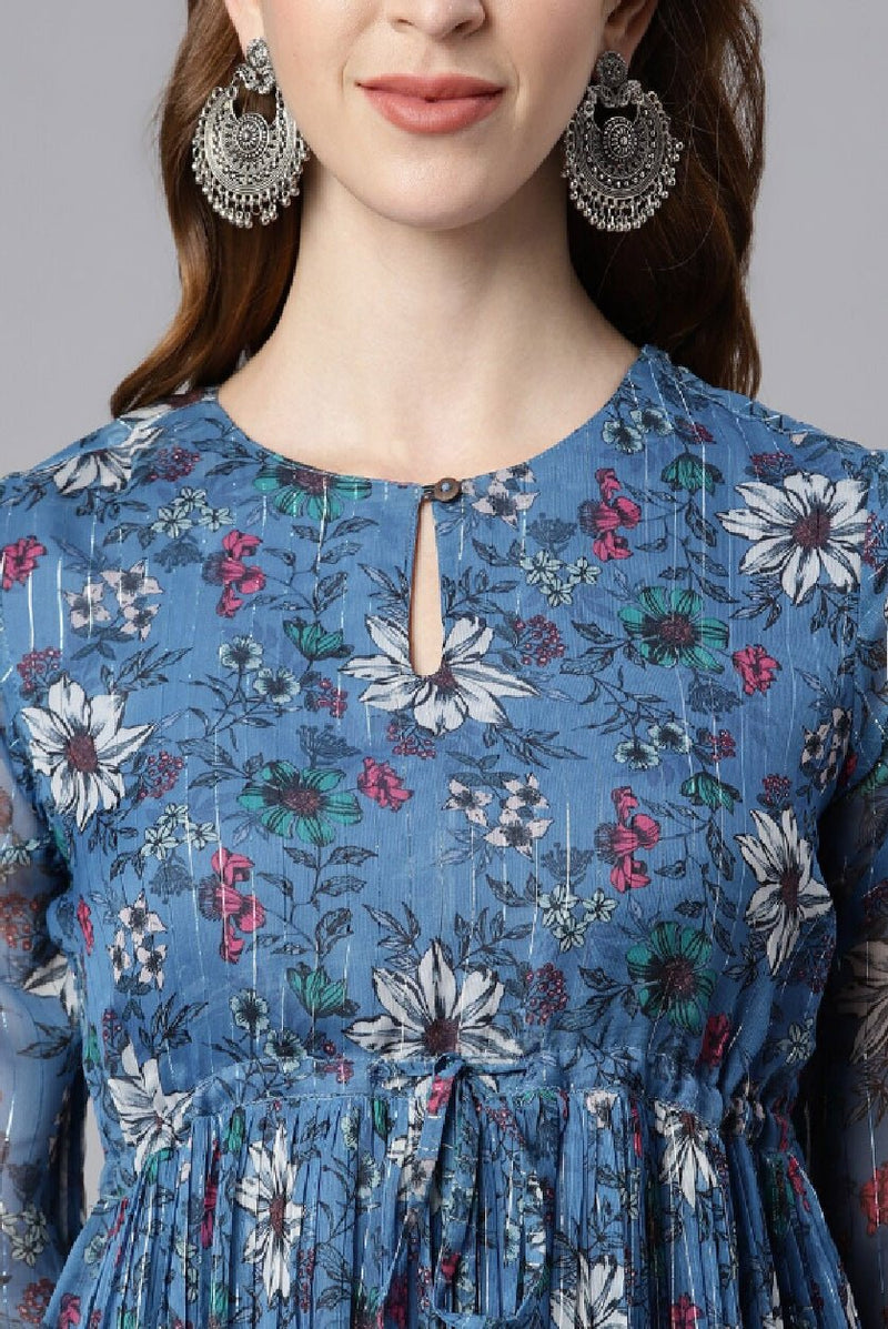 Blue & White Floral Print Georgette Fit & Flare Midi Dress – Keyhole Neck with Three - Quarter Sleeves - aromie