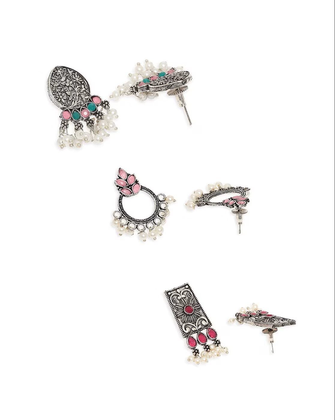 Boho Oxidized Drop Earrings Set – Pack of 3 Stylish Metal Earrings for Women - aromie