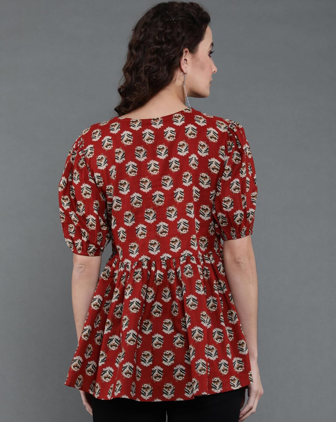 aromie Rayon casual top women red floral peplum back view with puff sleeves and gathered waist